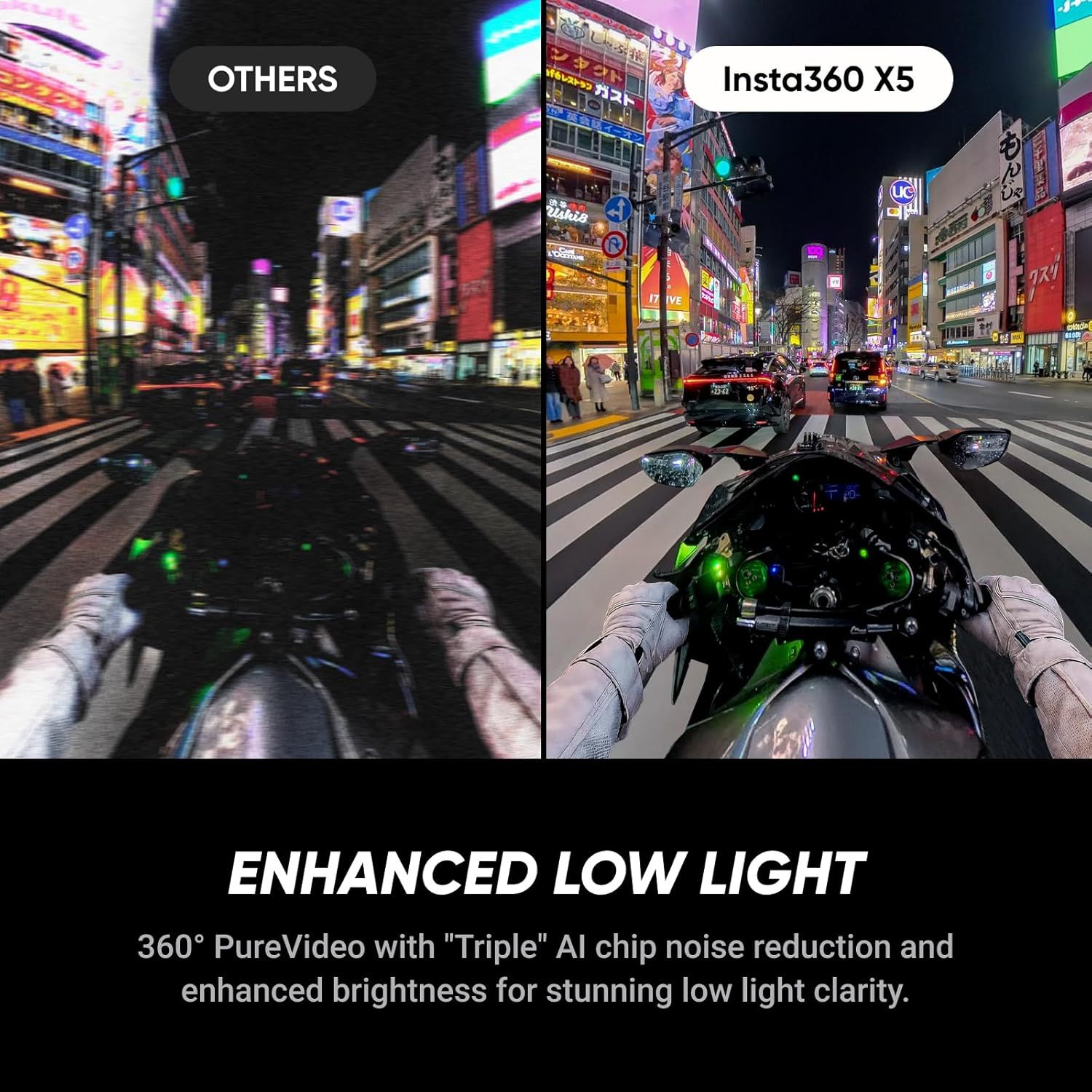 Demonstrates the Insta360 X5's superior low-light video quality compared to competing cameras, showing clearer, brighter footage in nighttime conditions to…