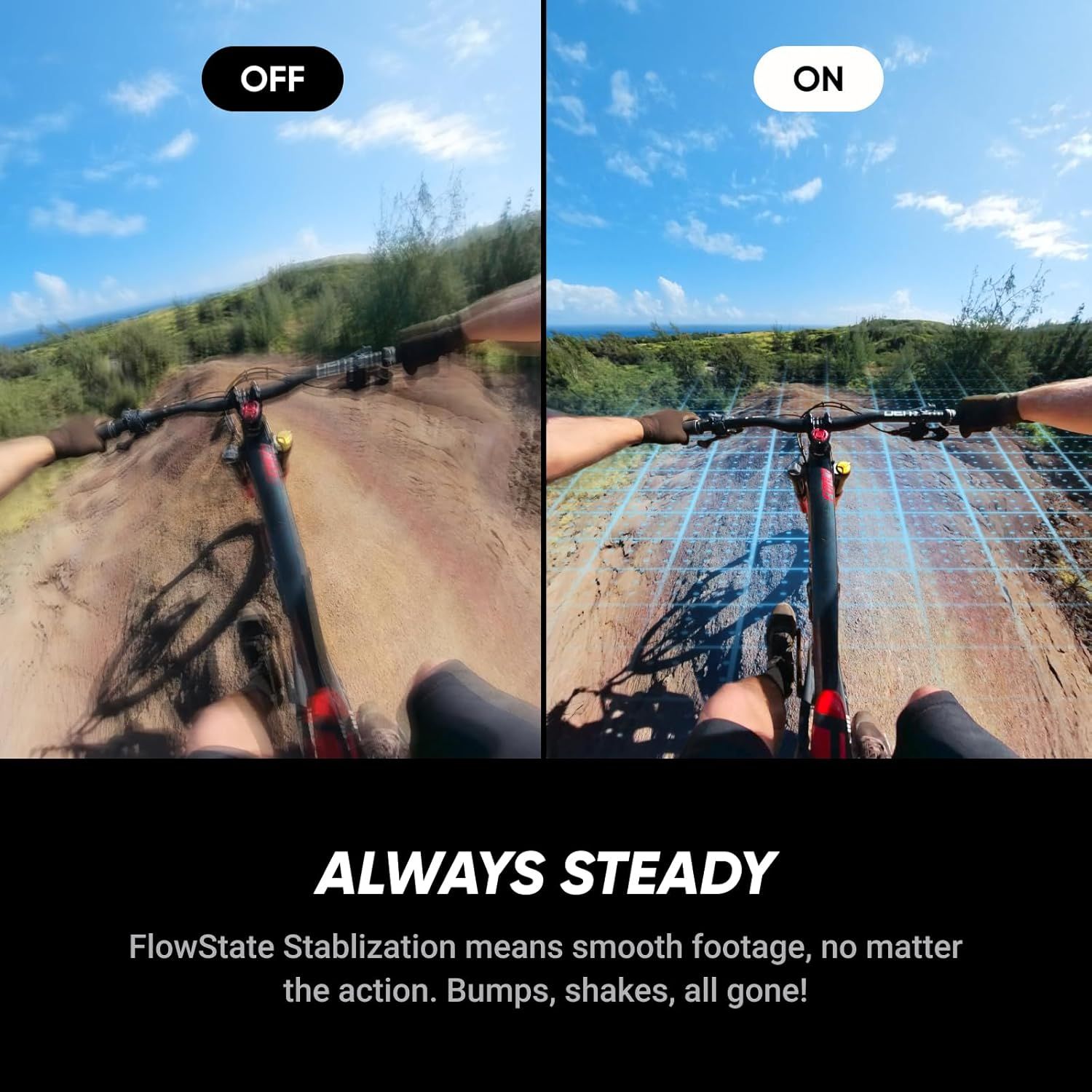Demonstrates the dramatic improvement in video stability when the stabilization feature is turned on, showing how the product eliminates bumps and shakes for smooth footage during action sports.…