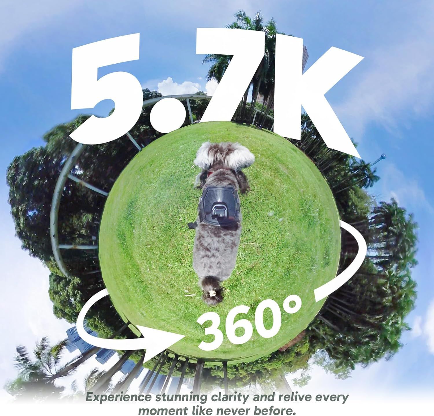 Highlights the camera's high-resolution 5.7K video capability and 360-degree capture feature to communicate superior image quality and immersive recording…