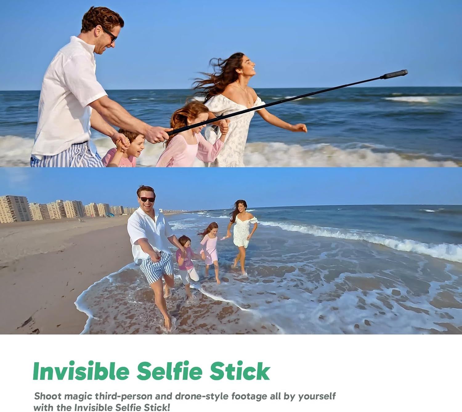 Demonstrates the product's ability to capture third-person and drone-style footage while remaining invisible in the shot, showing the benefit of…