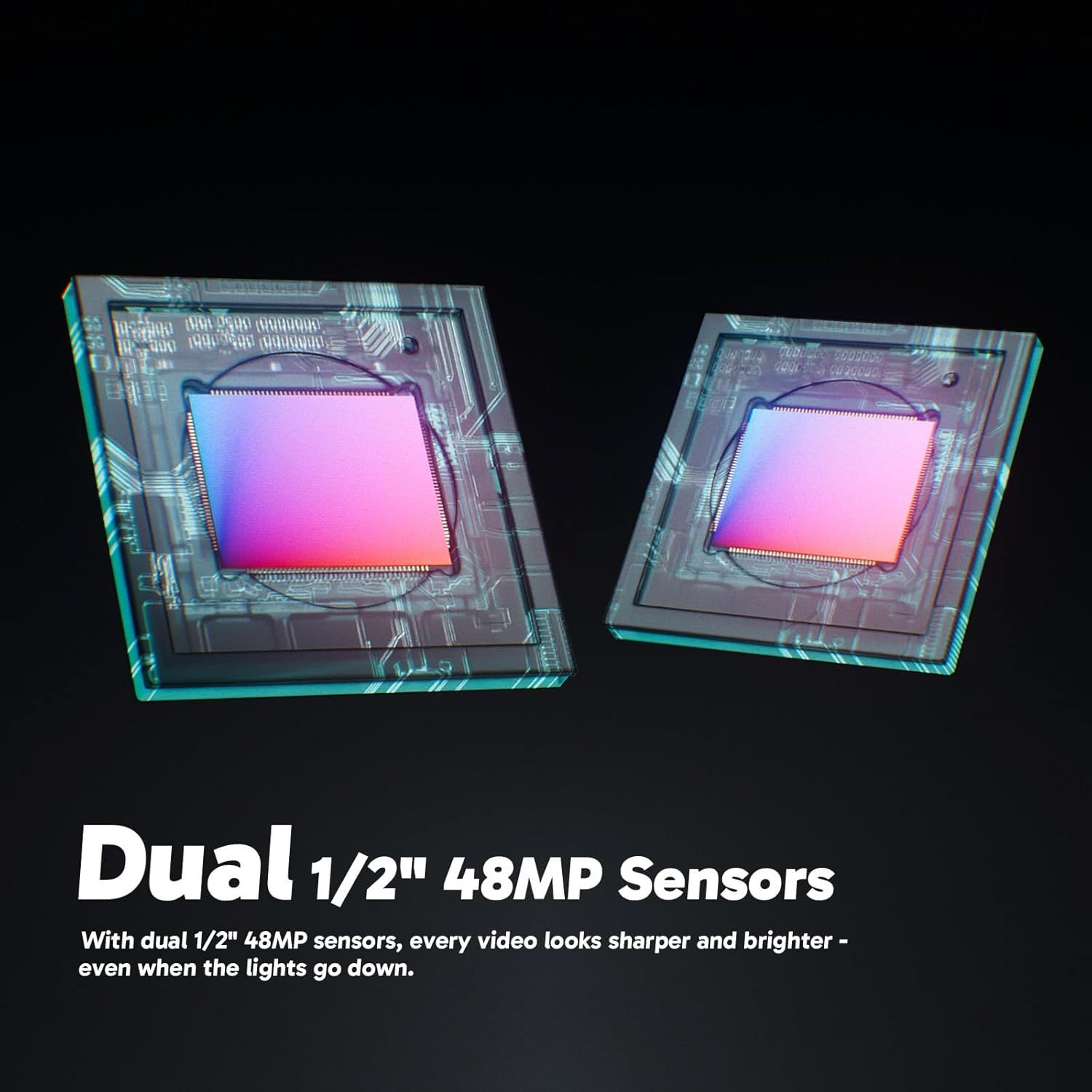 Highlights the camera's dual 48-megapixel sensor specification to communicate superior video quality and low-light performance, reassuring shoppers of…