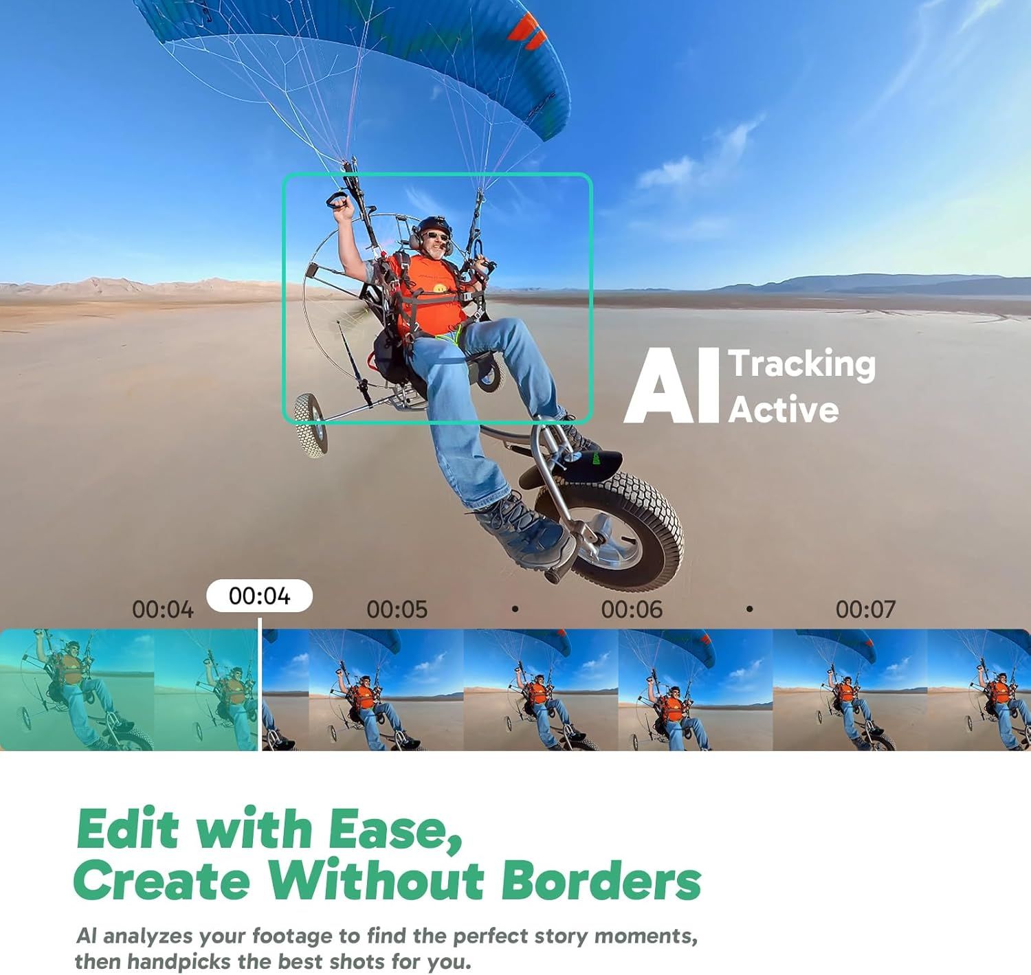Communicates that the product uses AI technology to automatically track subjects and intelligently edit video footage, making video creation effortless for…
