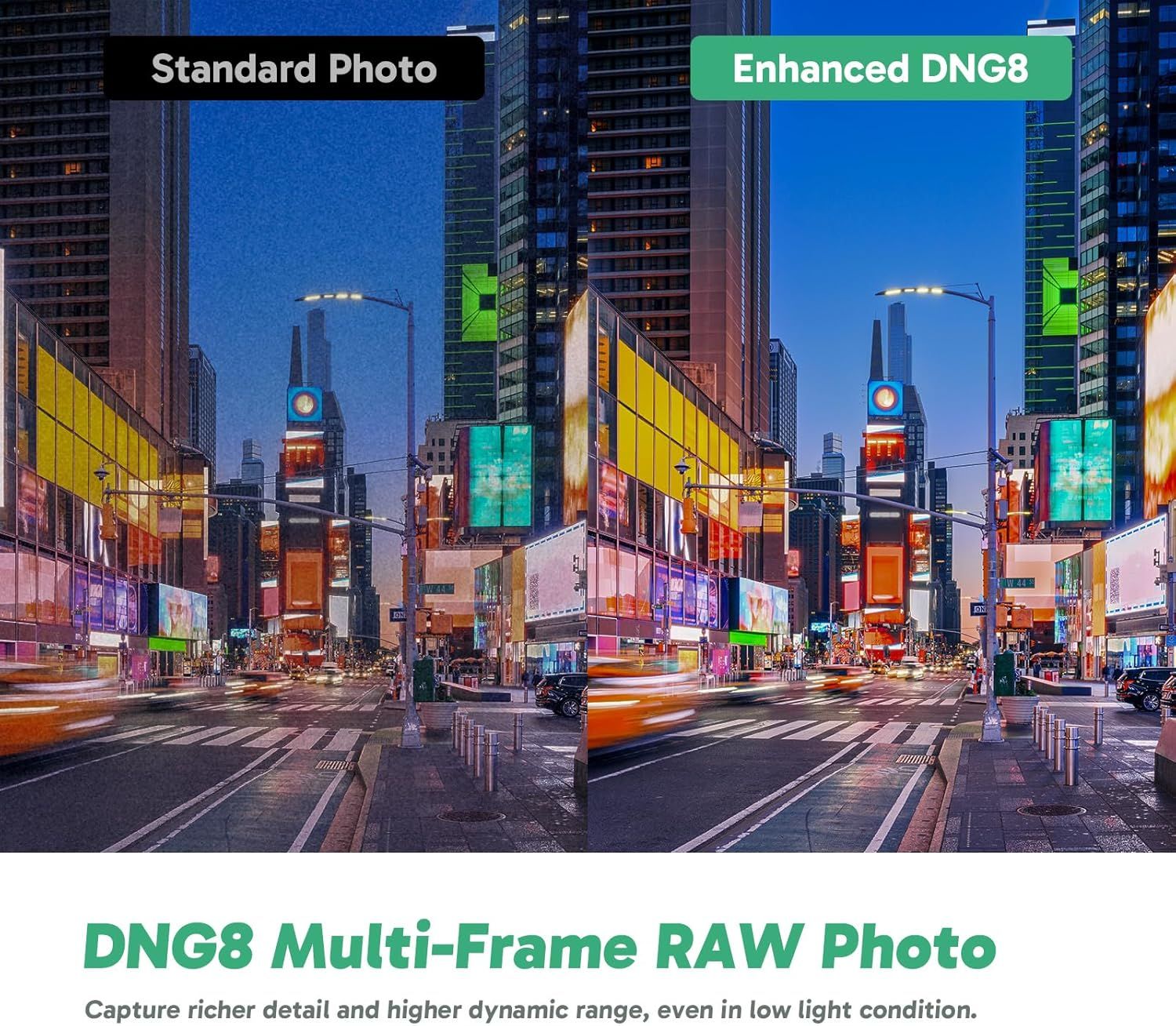 Demonstrates the visual improvement in photo quality when using the DNG8 Multi-Frame RAW feature, showing richer detail and higher dynamic range compared to standard photos.
