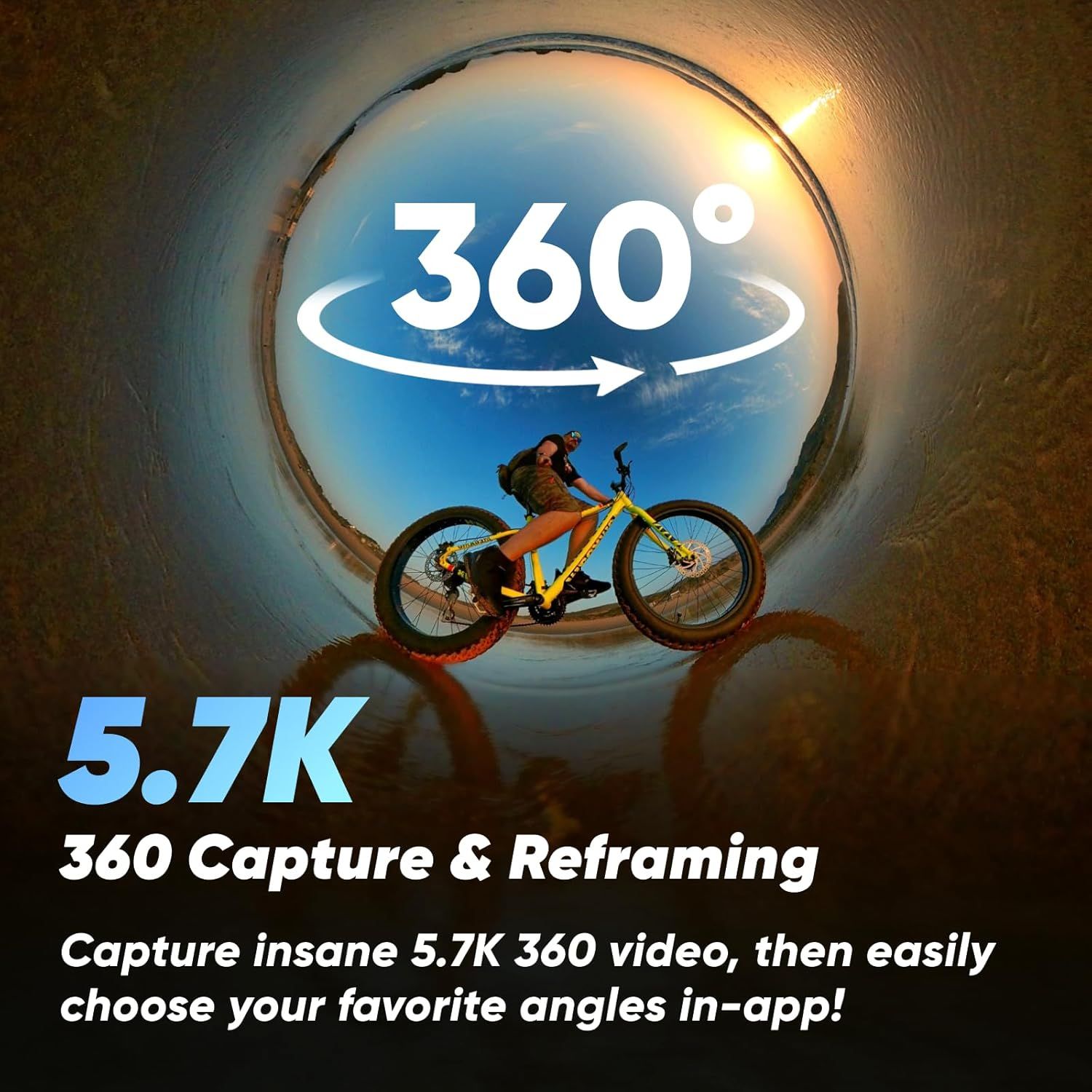 Highlights the camera's impressive 5.7K resolution for 360-degree video capture, emphasizing high-quality immersive recording capability and in-app reframing…
