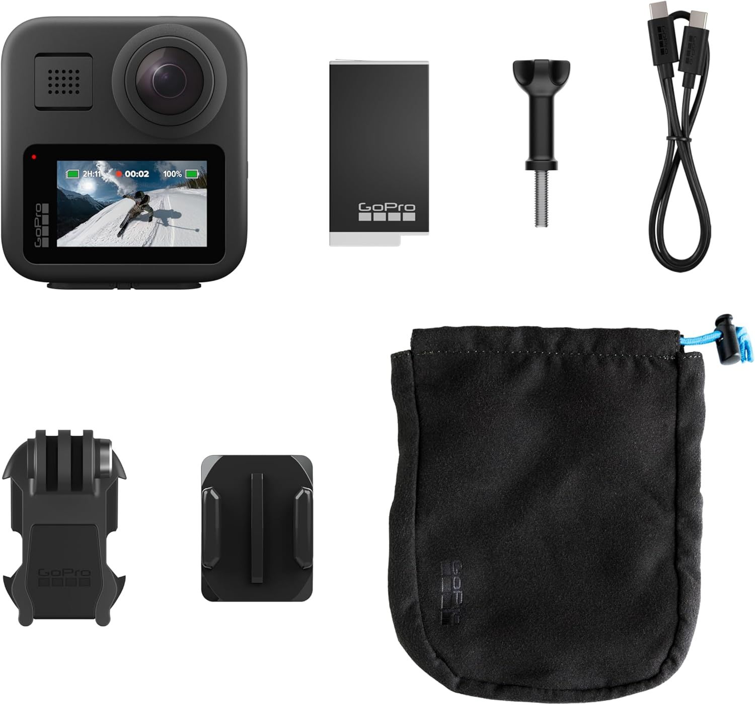 Shows all items included in the package (camera, battery, mounting accessories, charging cable, and carrying pouch) to help shoppers understand the complete…