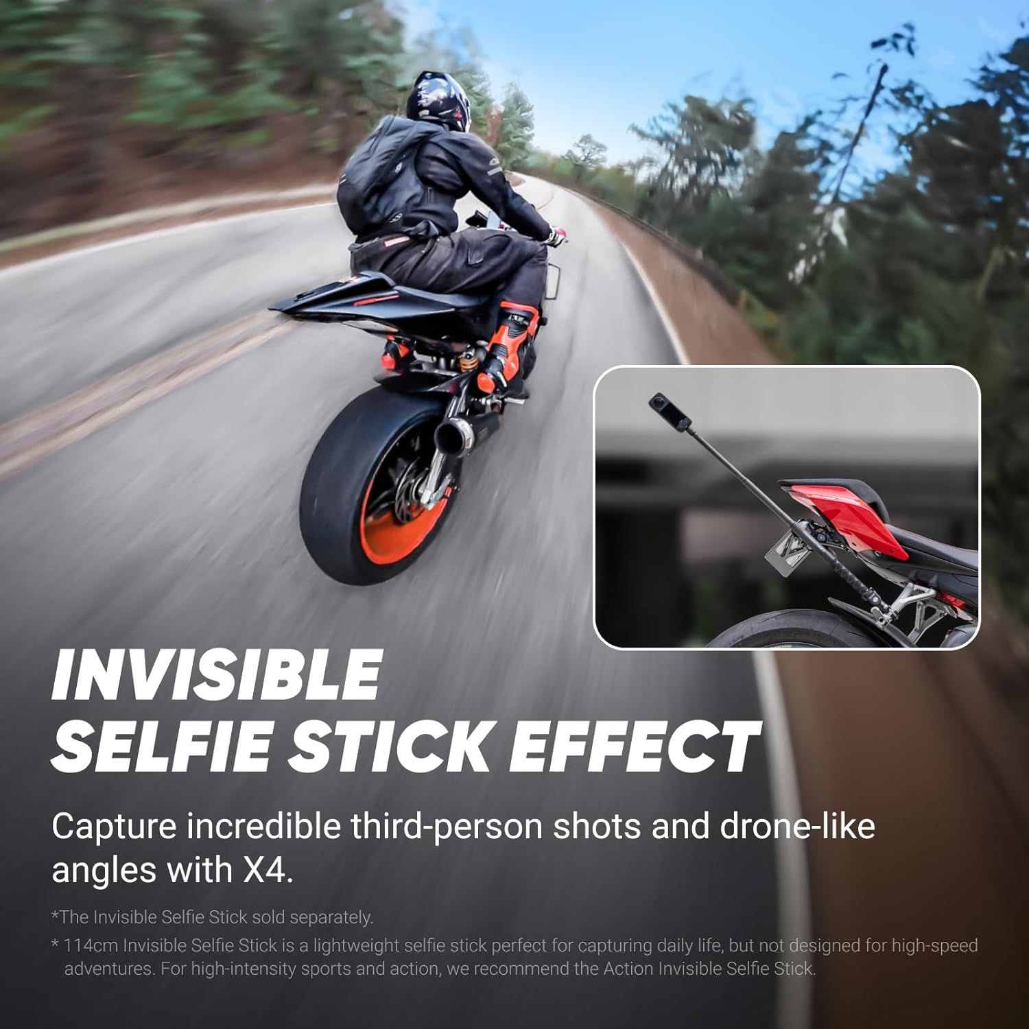 Demonstrates the product's ability to capture third-person and drone-like angles without the selfie stick being visible in the shot, appealing to action…