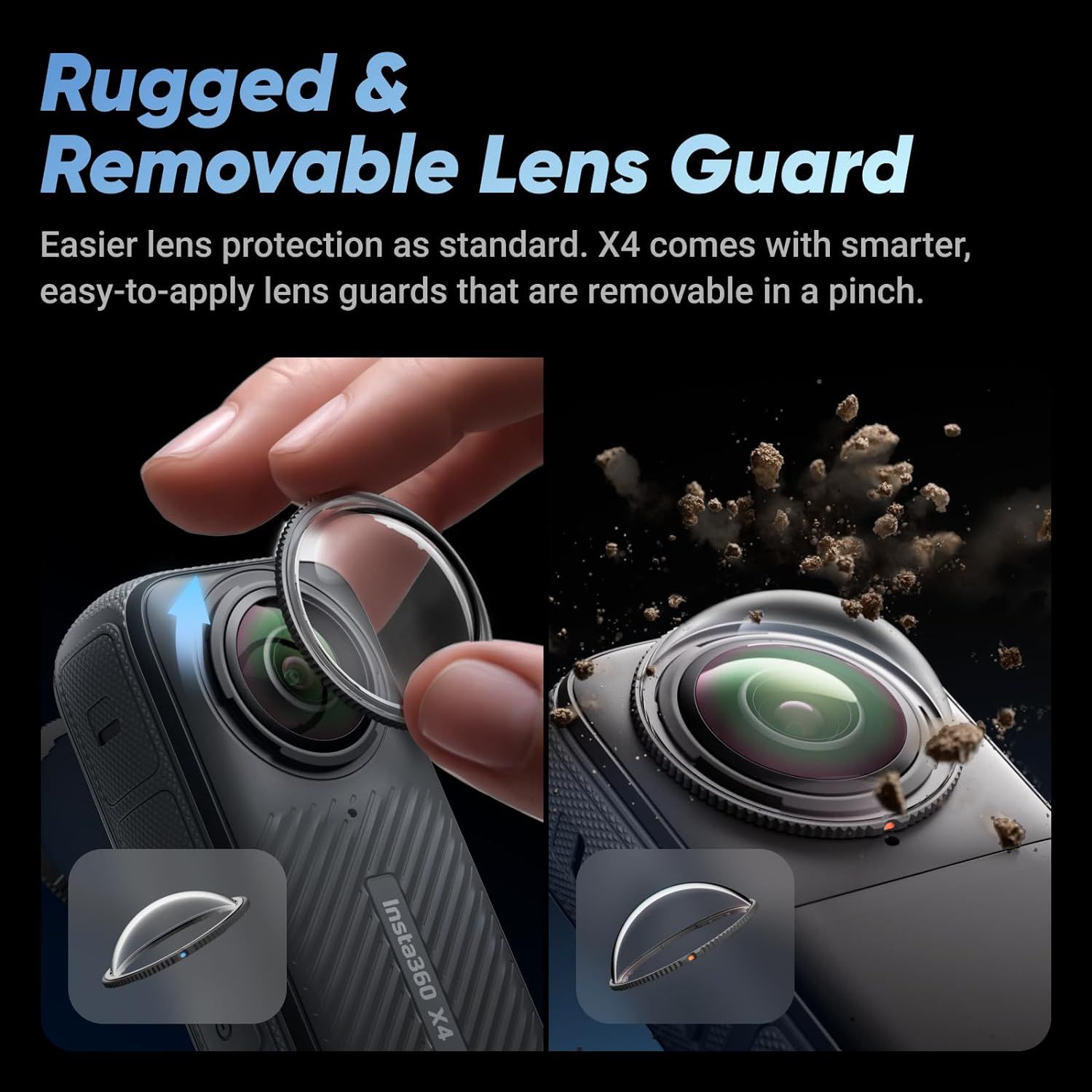 Demonstrates how the removable lens guard is easily applied and removed with a simple pinch gesture, reassuring shoppers that lens protection is convenient…