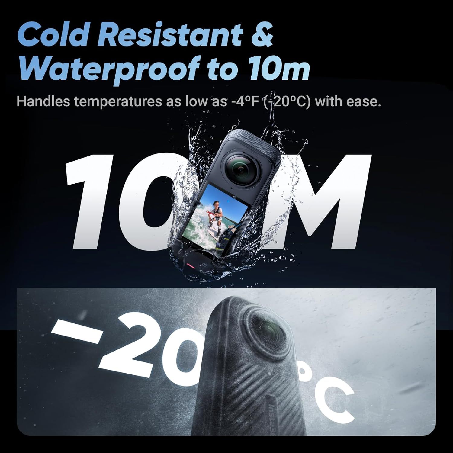 Communicates the product's dual durability features—extreme cold resistance and deep waterproofing—to reassure shoppers it can handle harsh outdoor and…