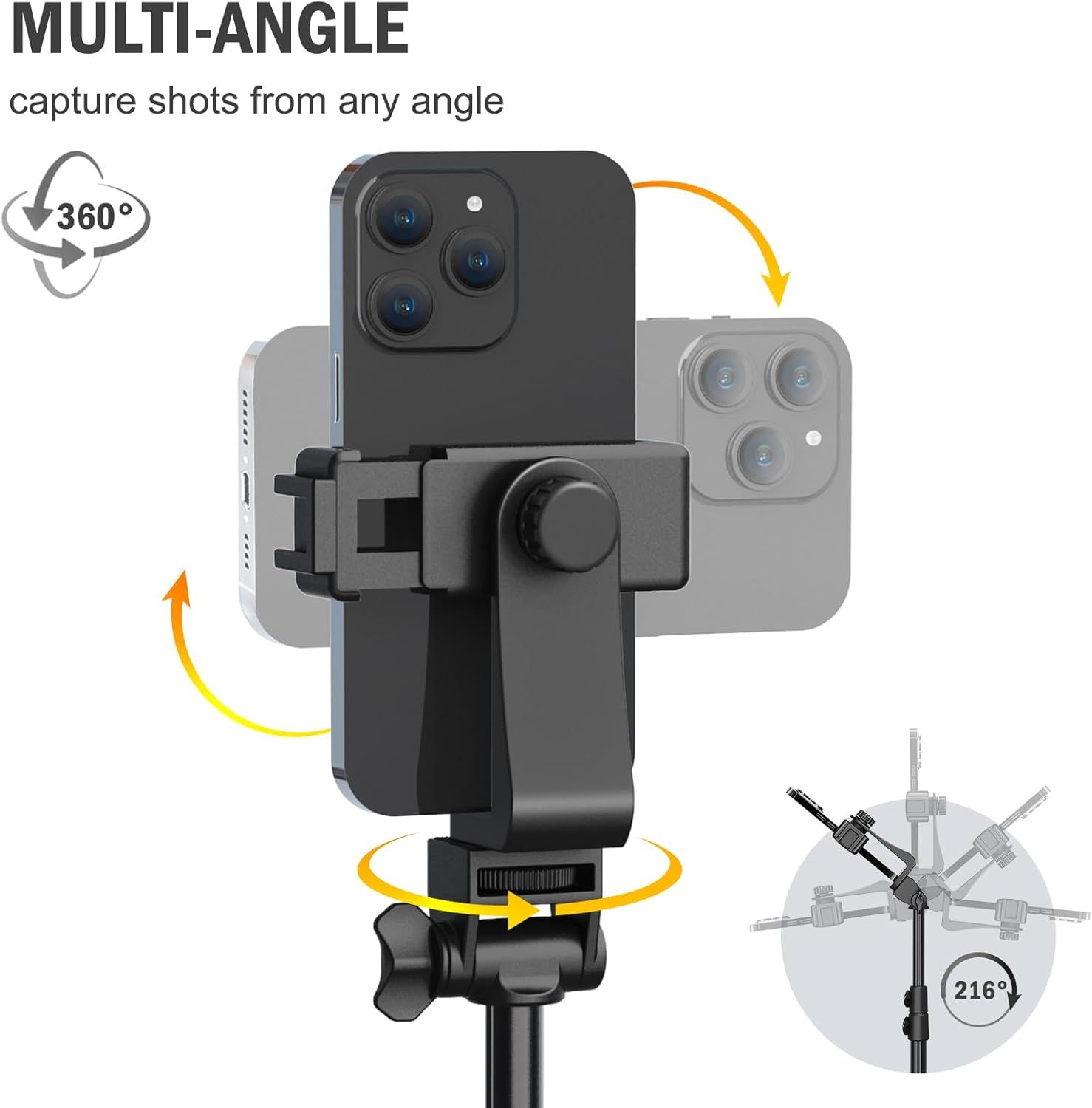 Demonstrates the phone mount's ability to rotate 360 degrees and capture shots from any angle, reassuring shoppers of its versatility and flexibility for…