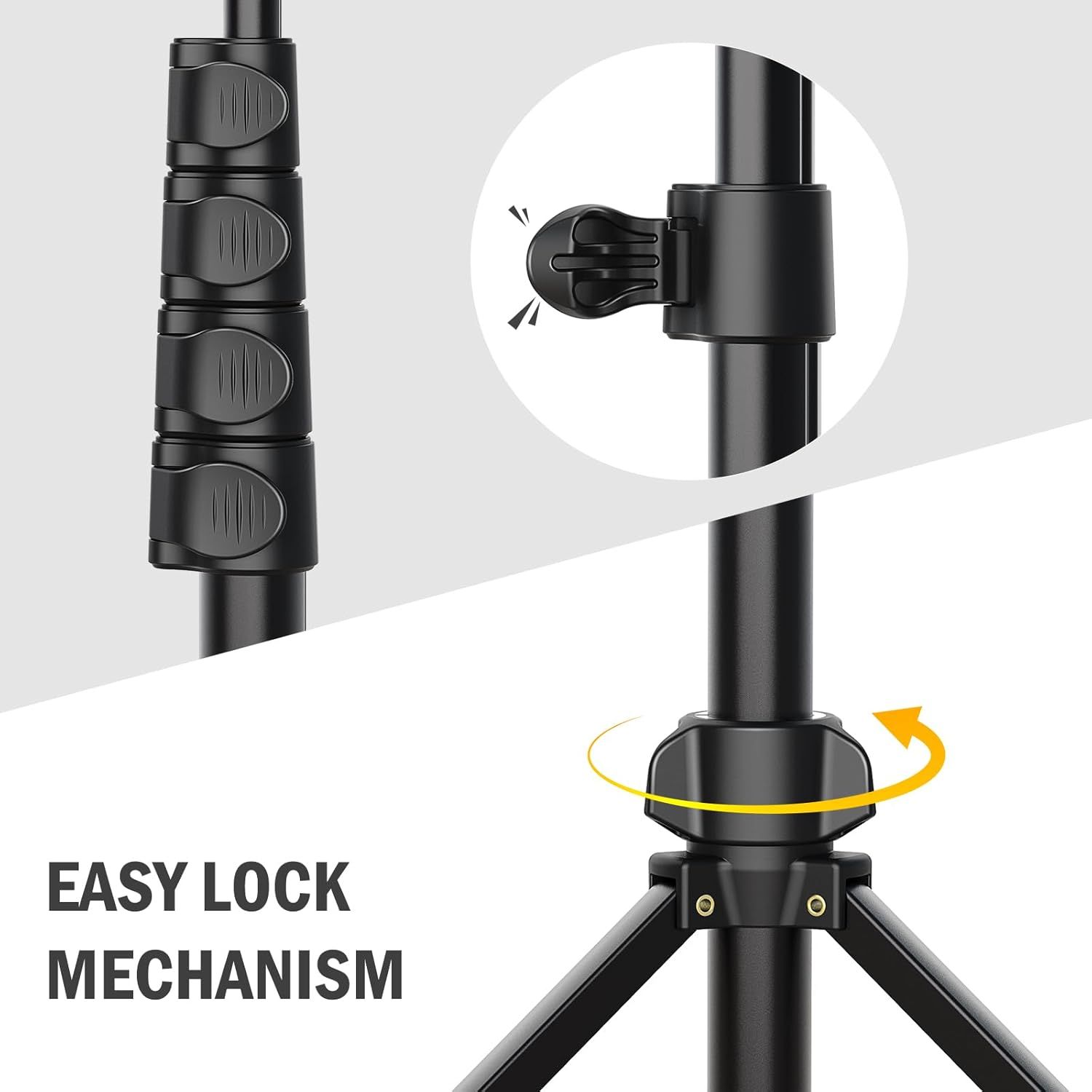 Highlights the product's easy-to-use locking mechanism and rotating base feature, showing shoppers how the tripod securely locks and adjusts for convenient…