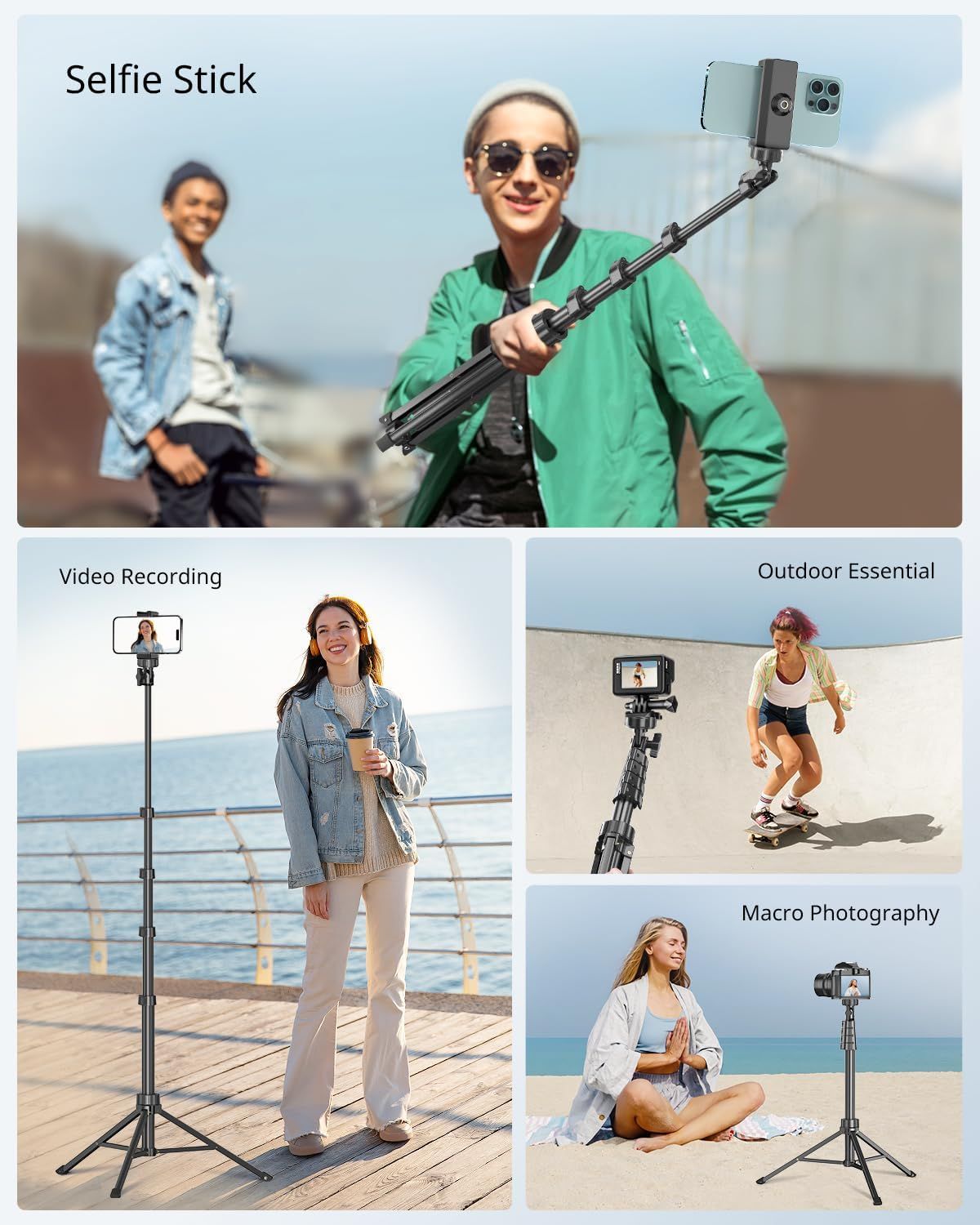 Demonstrates multiple use cases for the selfie stick/tripod product, showing it can be used for selfies, video recording, outdoor activities, and macro photography to communicate versatility.