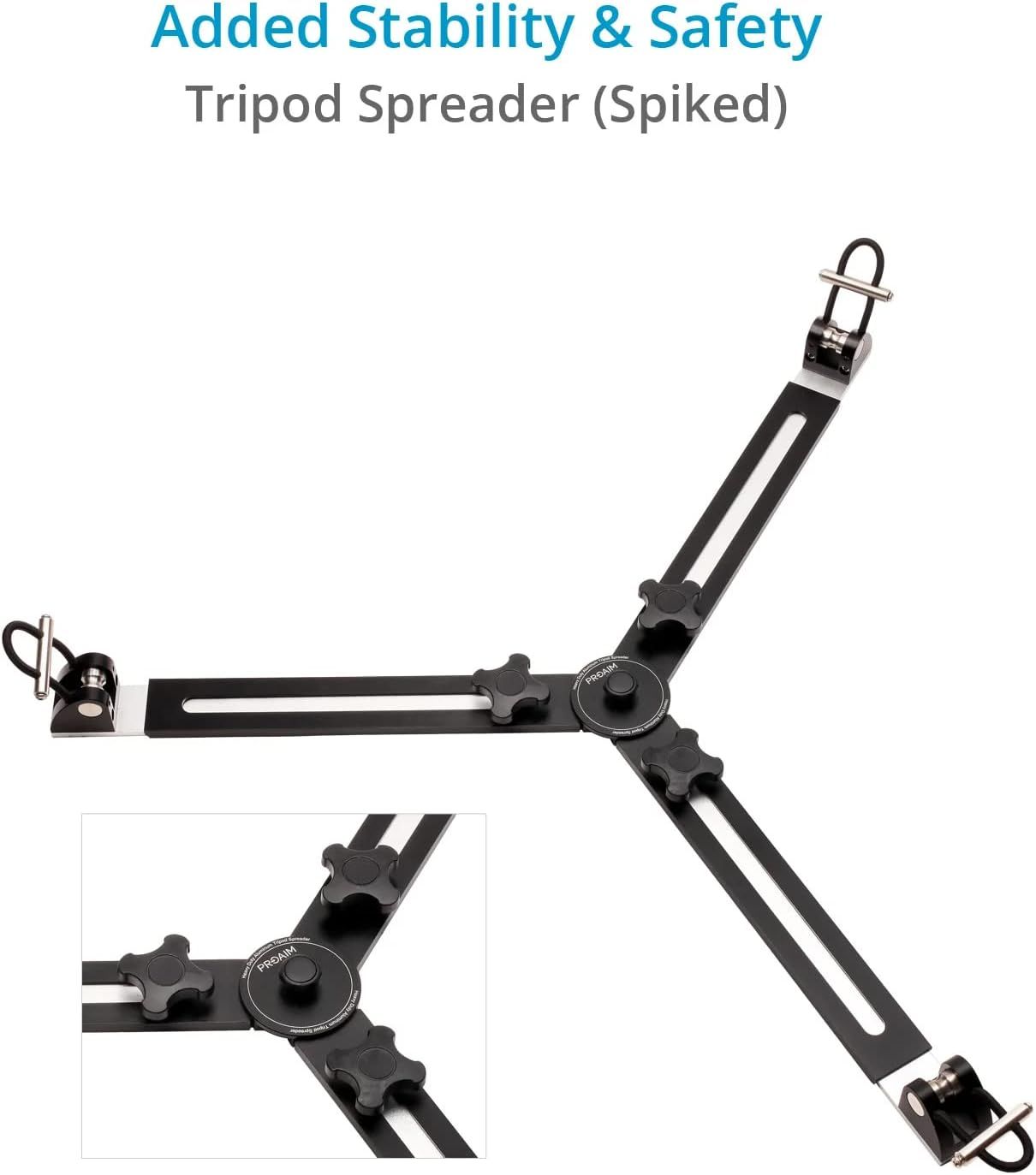 Highlights the added stability and safety feature of the spiked tripod spreader to reassure customers that the product provides secure and safe tripod setup.