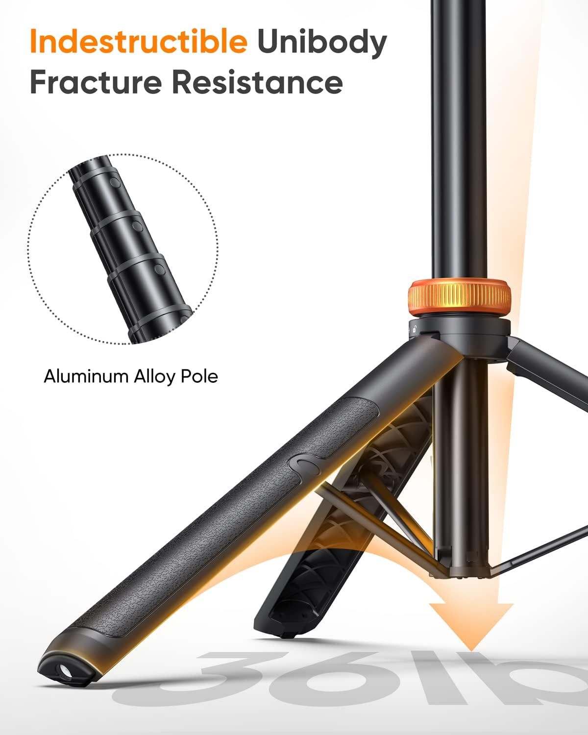Highlights the product's structural durability by showcasing the aluminum alloy pole construction and its indestructible unibody design to reassure shoppers of its strength and longevity.