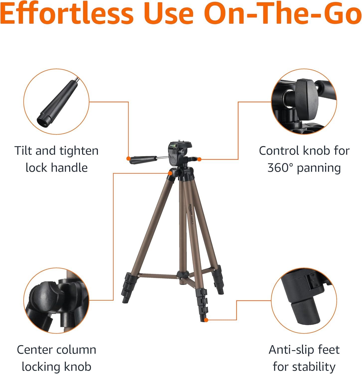 This image breaks down the tripod's key physical components and controls to help shoppers understand the product's structure and how each part functions for…