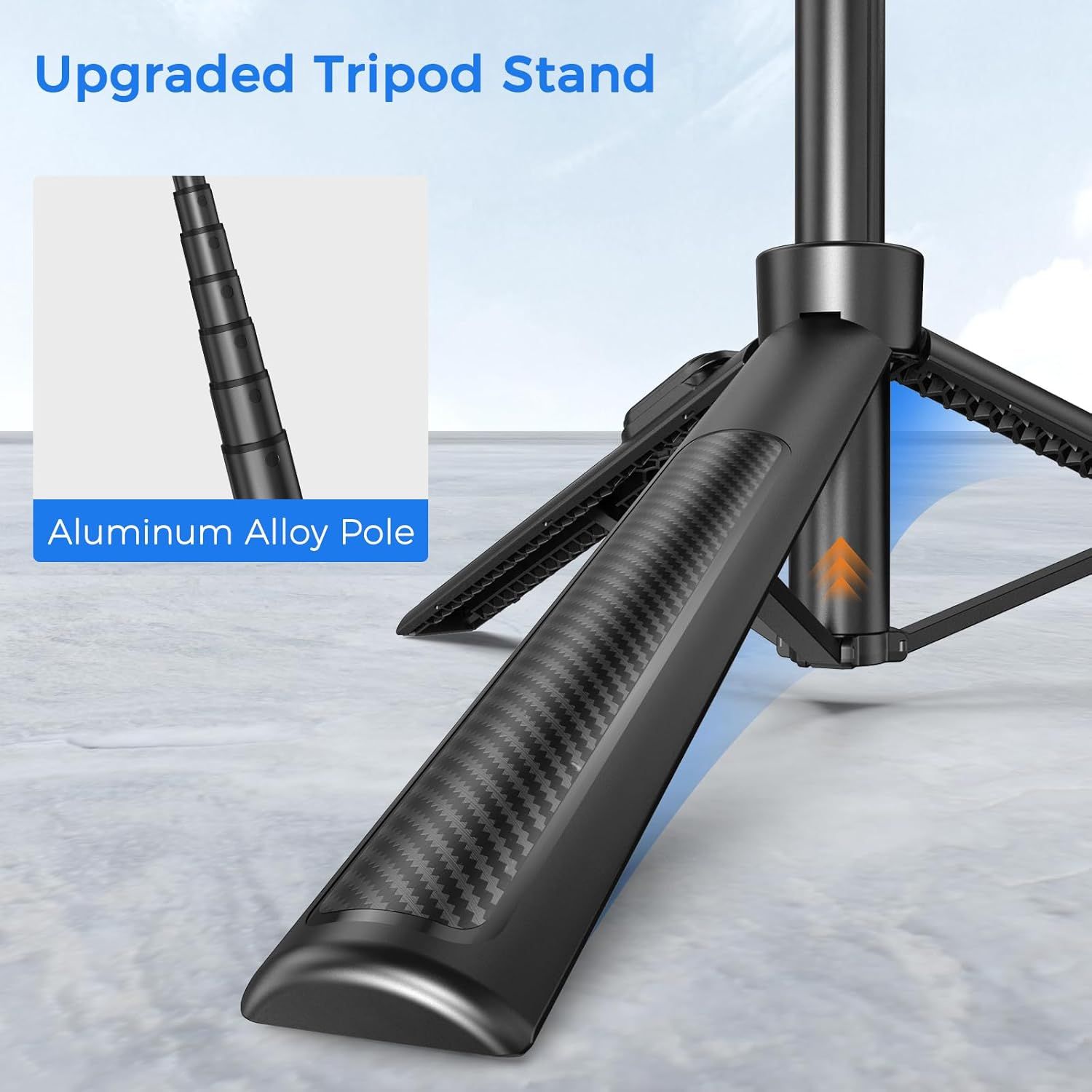 Highlights the upgraded tripod stand's aluminum alloy pole construction to communicate durability and premium quality to the shopper.
