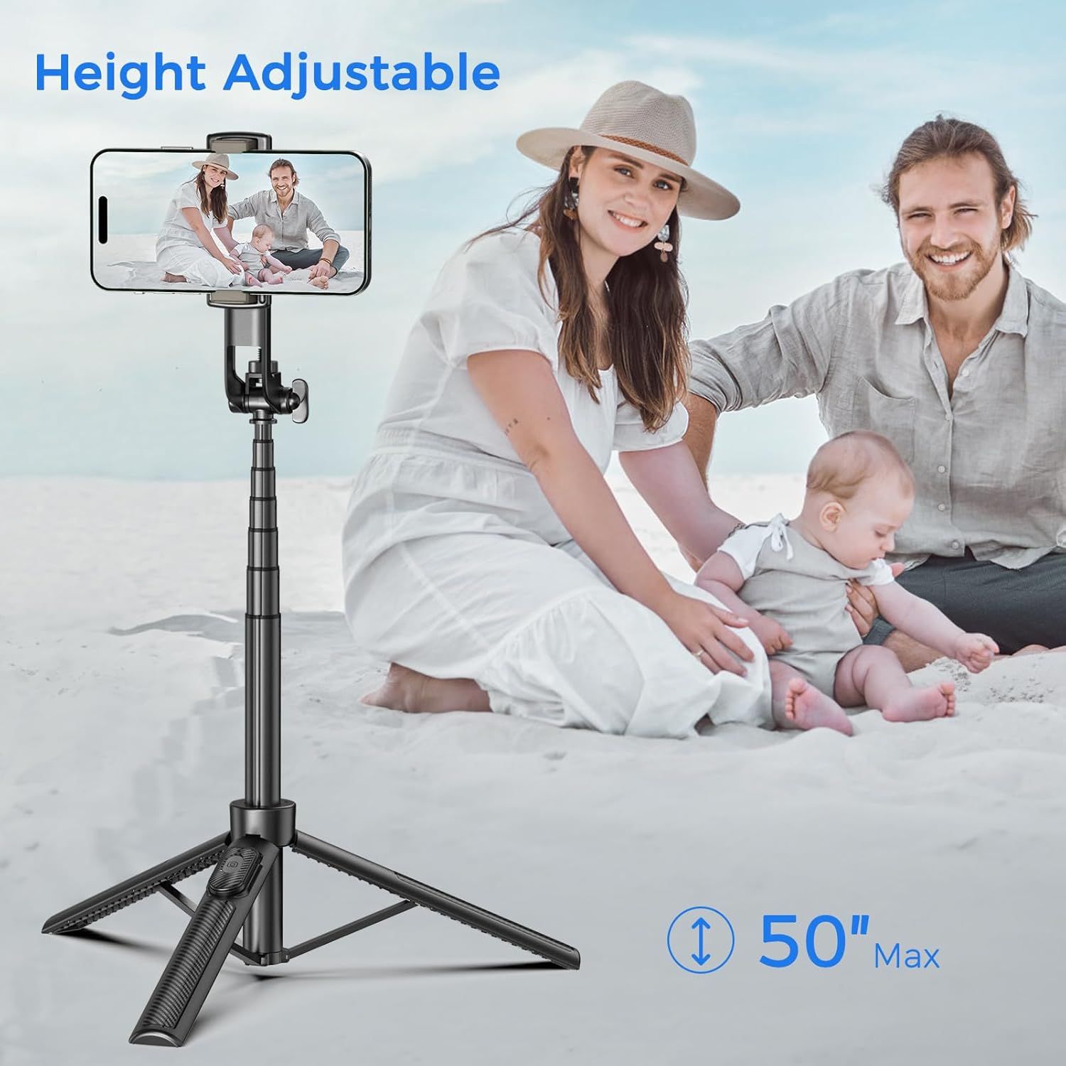 Communicates the adjustable height feature and maximum extension capability of the selfie stick/tripod to show shoppers it can accommodate various shooting angles and group sizes. Highlights the key…