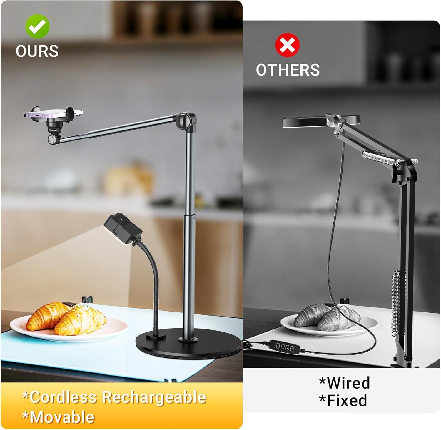 Demonstrates the product's superiority over competing products by highlighting its cordless, rechargeable, and movable design versus wired and fixed alternatives.