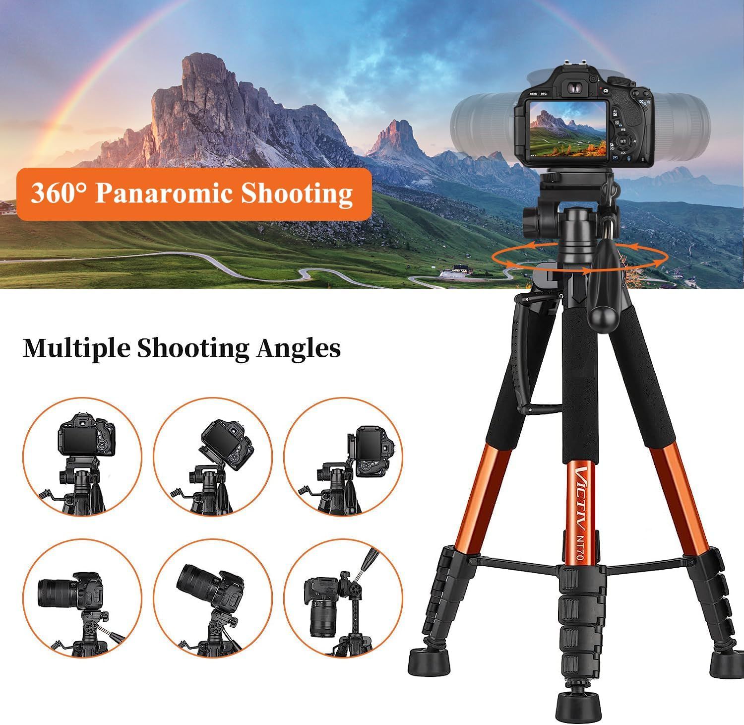 Demonstrates the tripod's versatility by highlighting two key benefits: 360-degree panoramic rotation capability and multiple adjustable shooting angles for different photography needs.