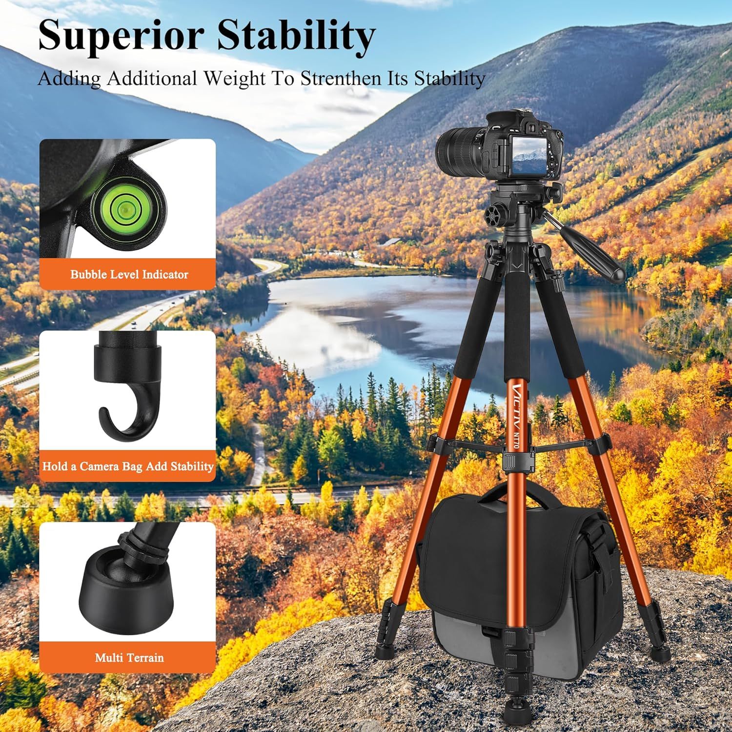 Communicates the tripod's superior stability through three distinct features: a bubble level for precise alignment, a hook for adding weight via camera bag, and multi-terrain feet for versatile…