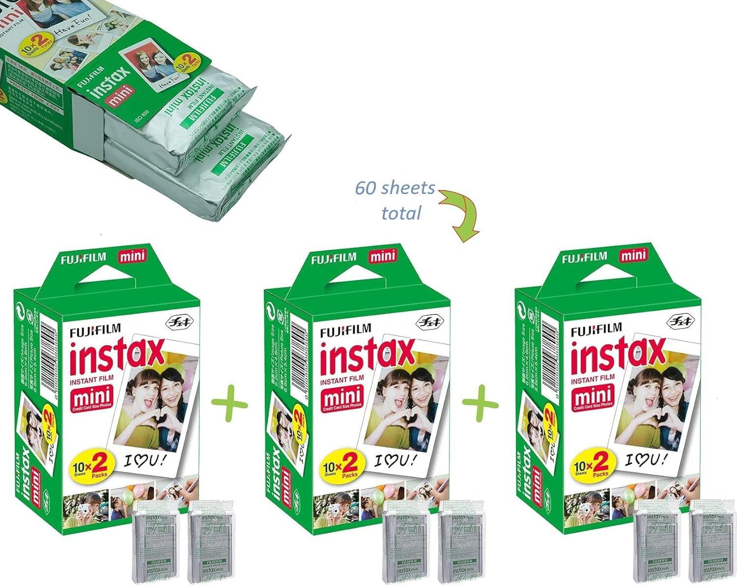 Shows the customer exactly what they receive in the bundle—three twin-packs of Fujifilm Instax Mini film totaling 60 sheets—to clarify the value and quantity…