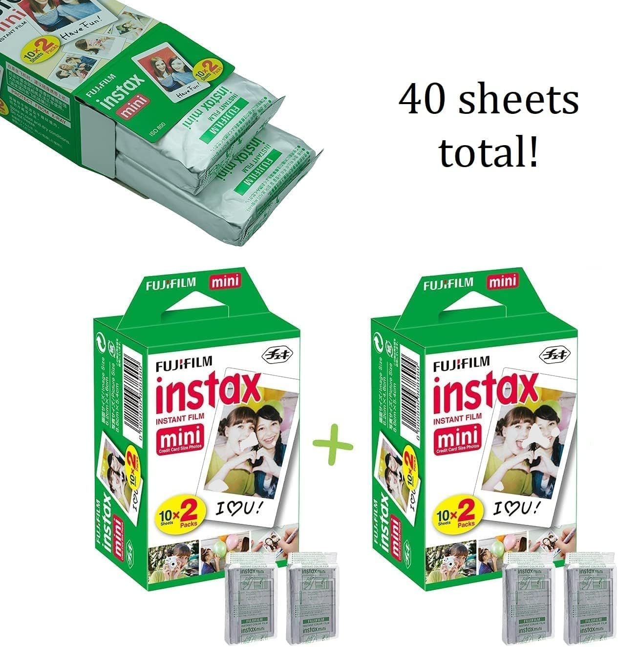 Shows the customer exactly what they receive in the bundle: two packs of Fujifilm Instax Mini film totaling 40 sheets, helping them understand the quantity…