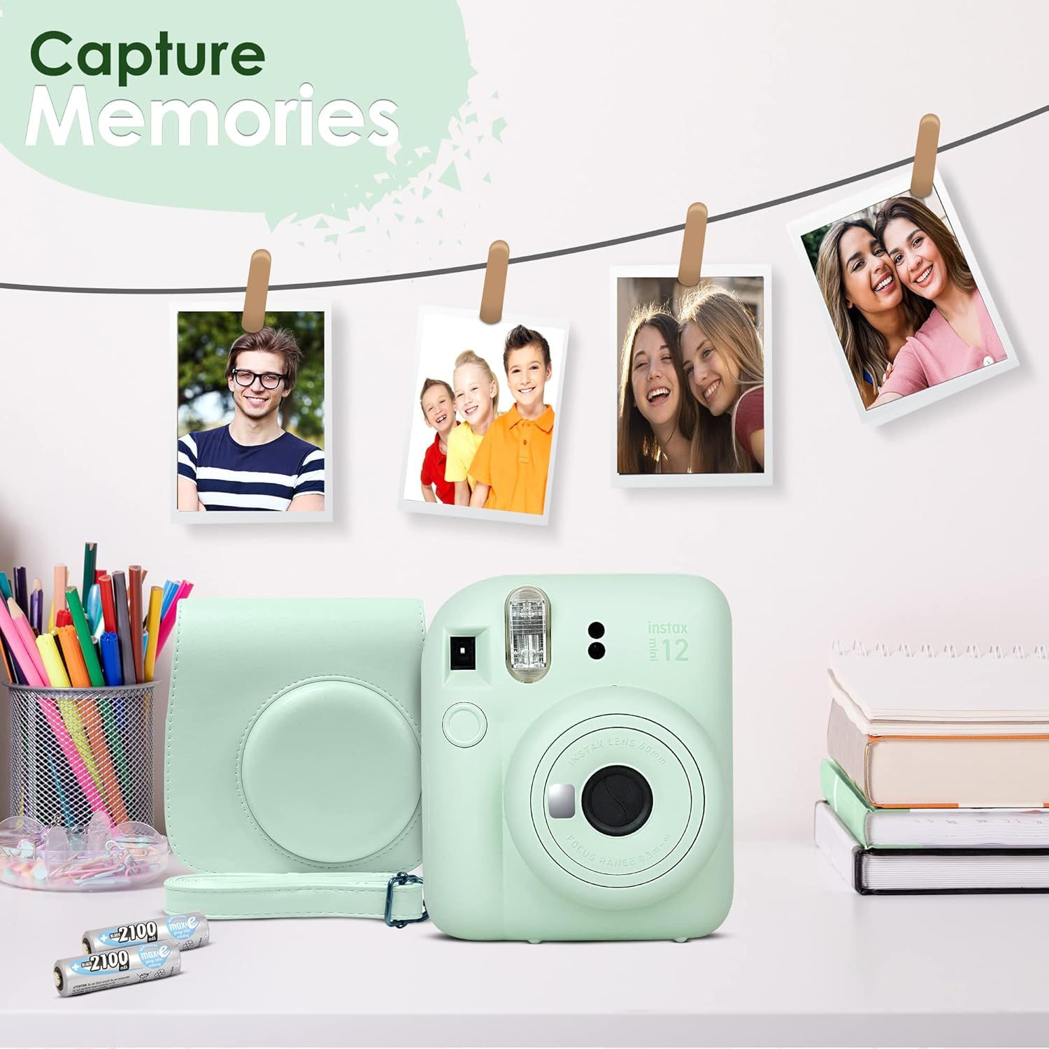 Shows everything included with the instant camera purchase—the camera, protective case, batteries, and sample printed photos—to help shoppers understand the…