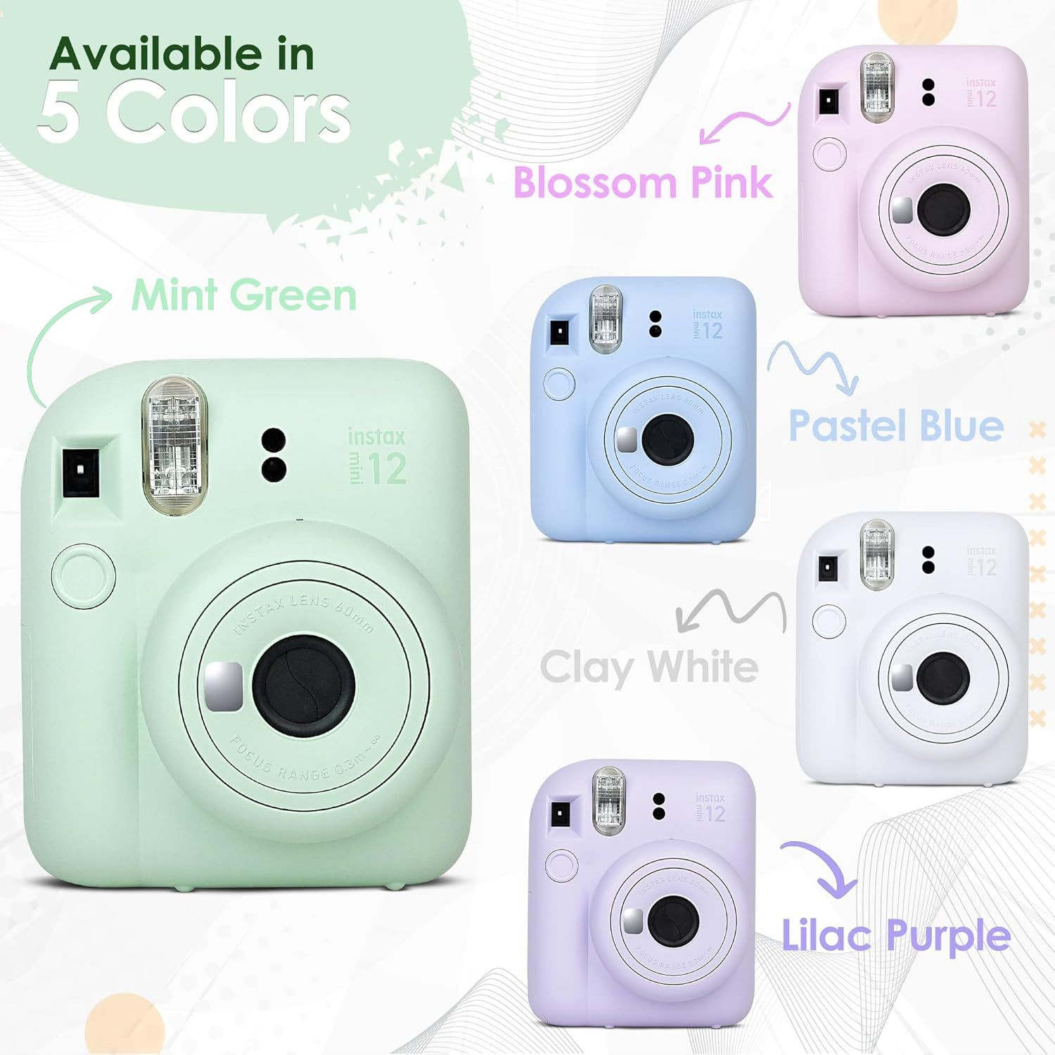 Showcases the brand's product lineup by displaying all five available color options for the Instax Mini 12 camera, helping shoppers choose their preferred color variant.