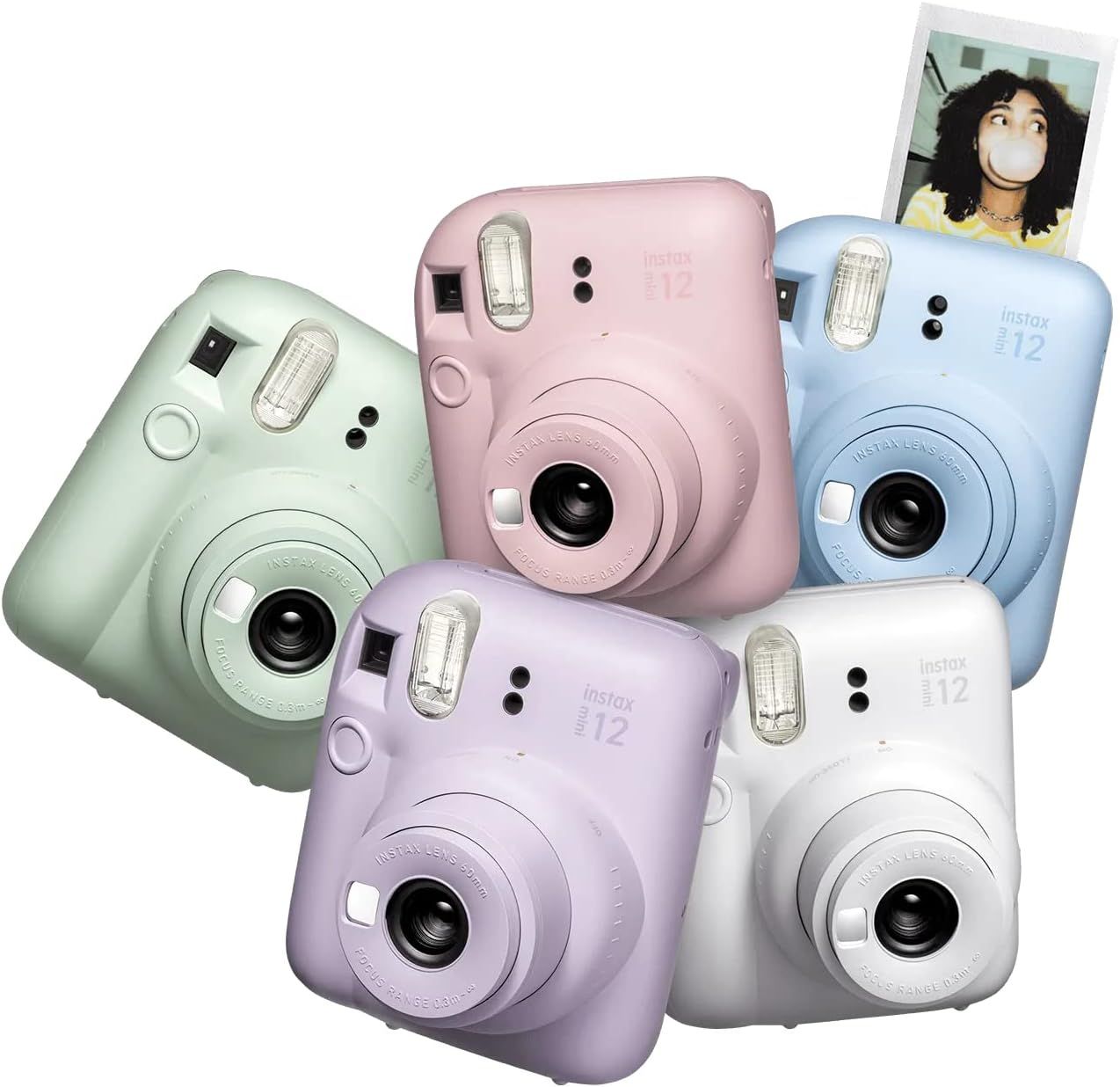 Showcases the available color options in the Instax Mini 12 product line to help shoppers choose their preferred variant.