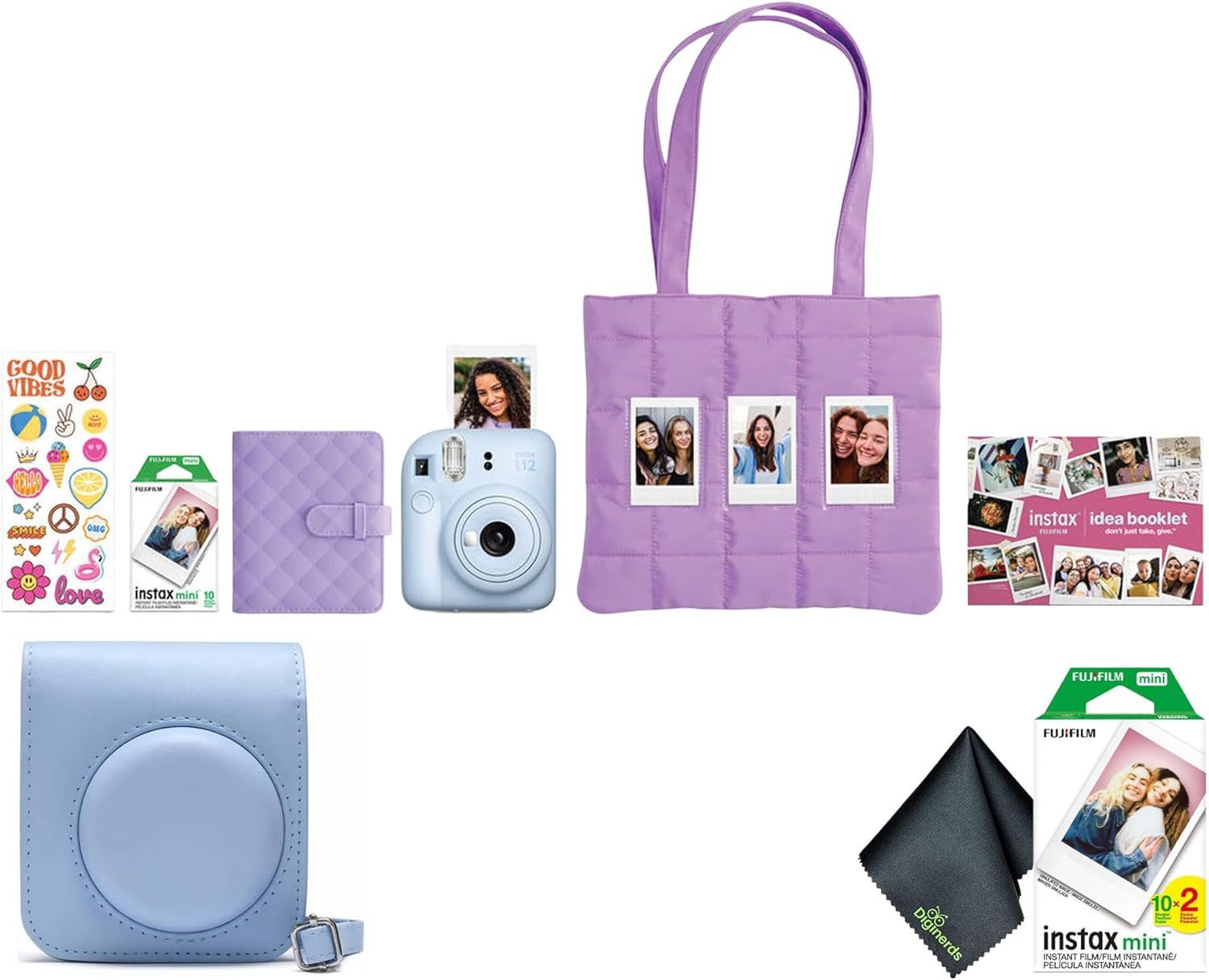 Shows all the items included in the instant camera bundle to help shoppers understand the complete value of their purchase, including camera, cases, film,…