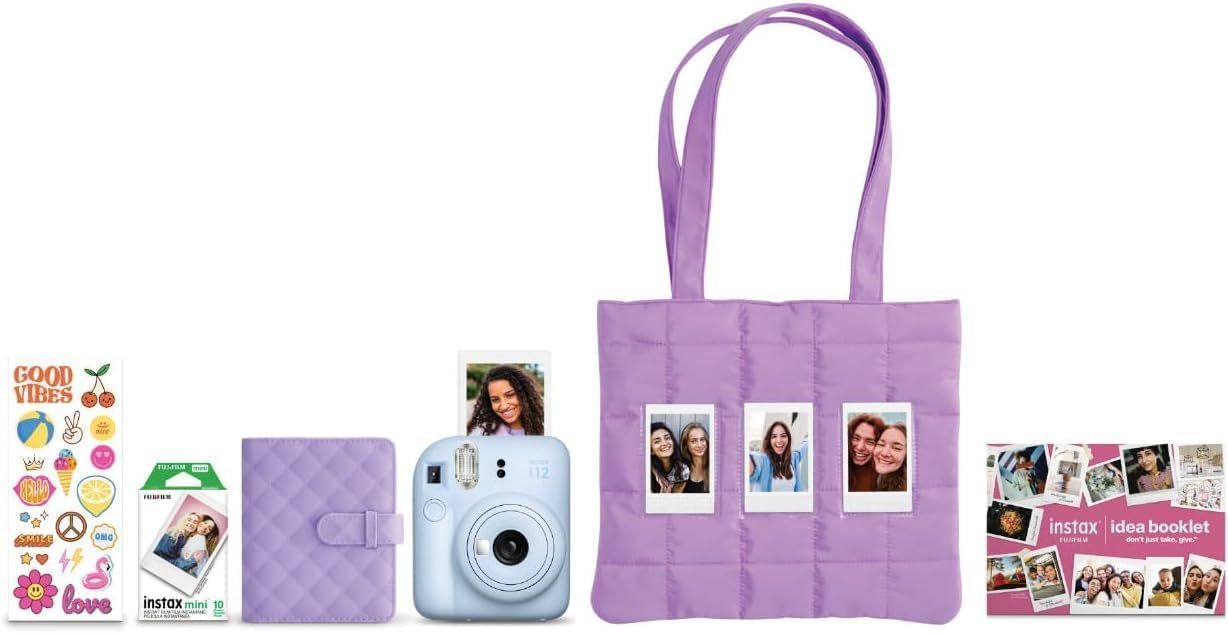 Shows everything included in the purchase: instant camera, photo album, tote bag with photo pockets, film pack, sticker sheet, and idea booklet to help…