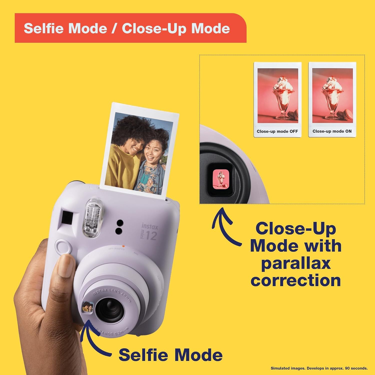 Demonstrates two distinct camera features—selfie mode and close-up mode with parallax correction—showing shoppers the versatility and advanced functionality…