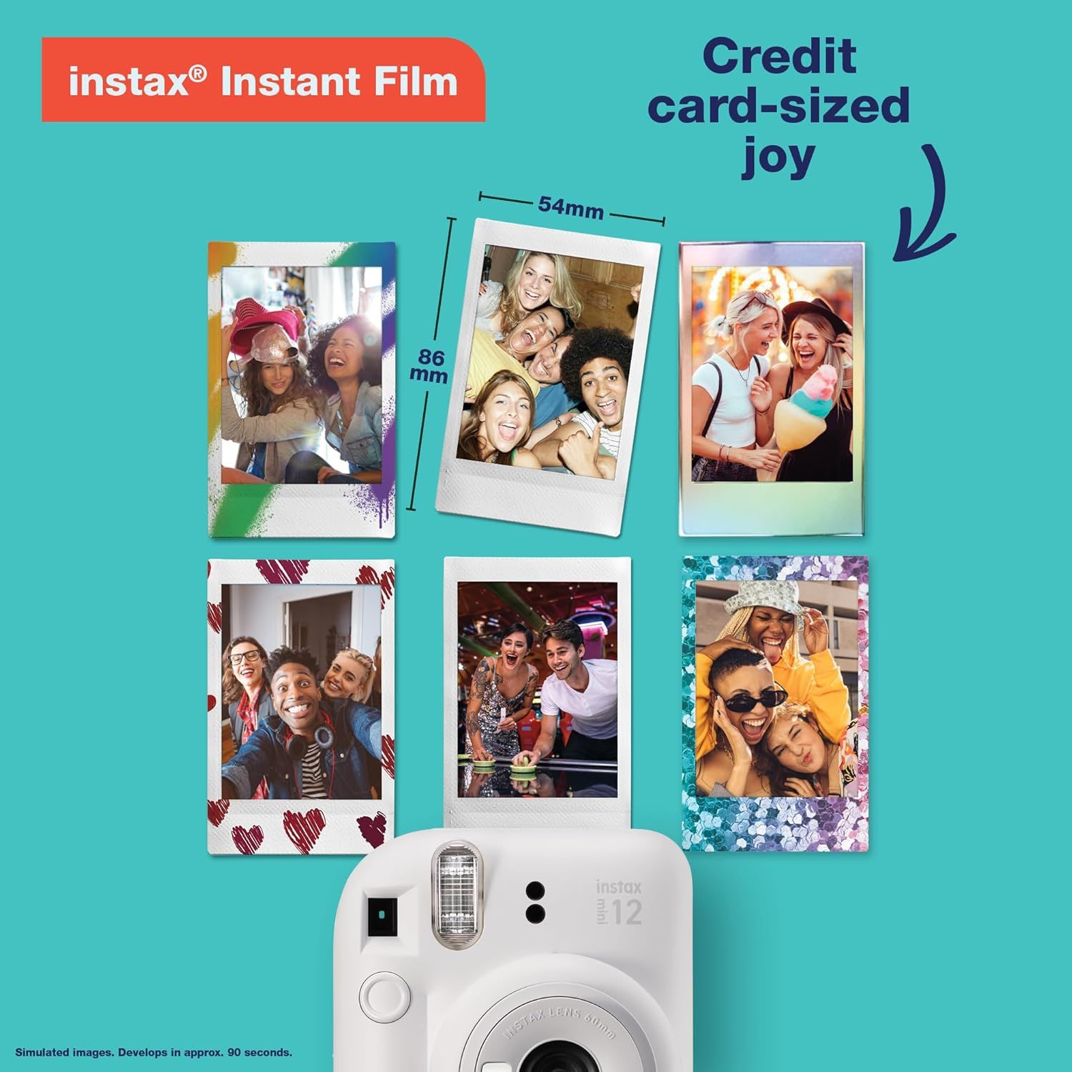 Communicates the compact, portable size of the instant film prints (credit card-sized) to help shoppers understand the physical dimensions and convenience of…