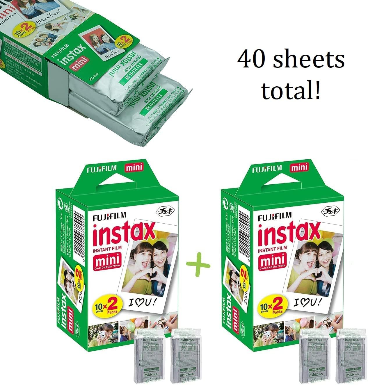 Shows the customer exactly what they receive in this bundle—two packs of Fujifilm Instax Mini film totaling 40 sheets—to clarify the value and quantity…