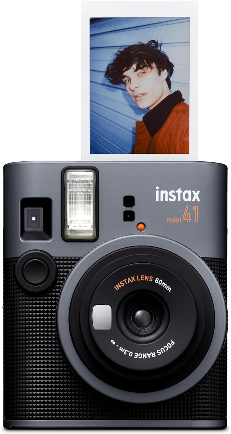 Displays the instant camera product with a sample photo output to demonstrate the product's capability and instant print feature, helping shoppers visualize…