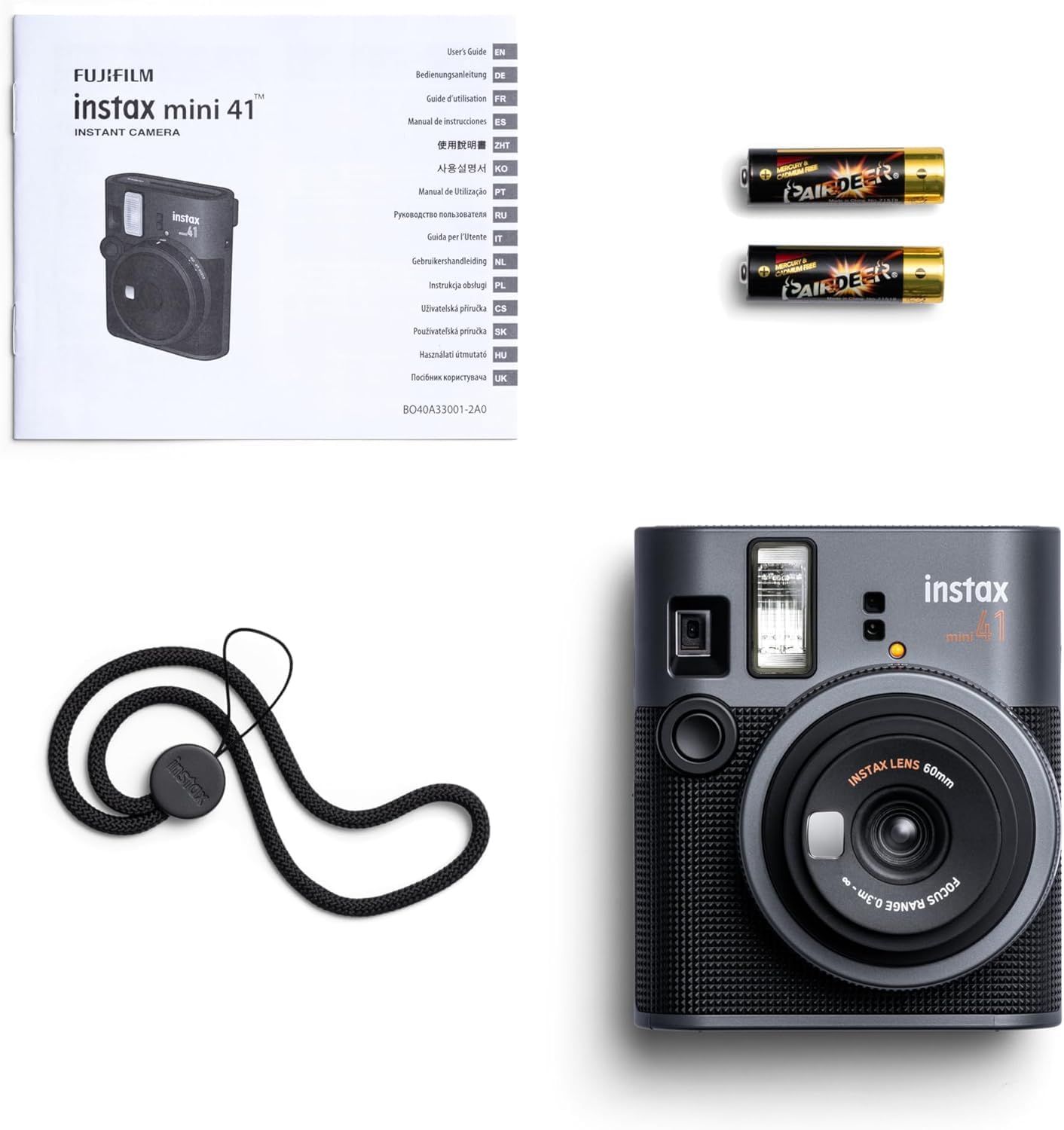 Shows the customer everything included in the box: the Instax Mini 41 camera, instruction manual, batteries, and carrying strap, providing clarity on what…