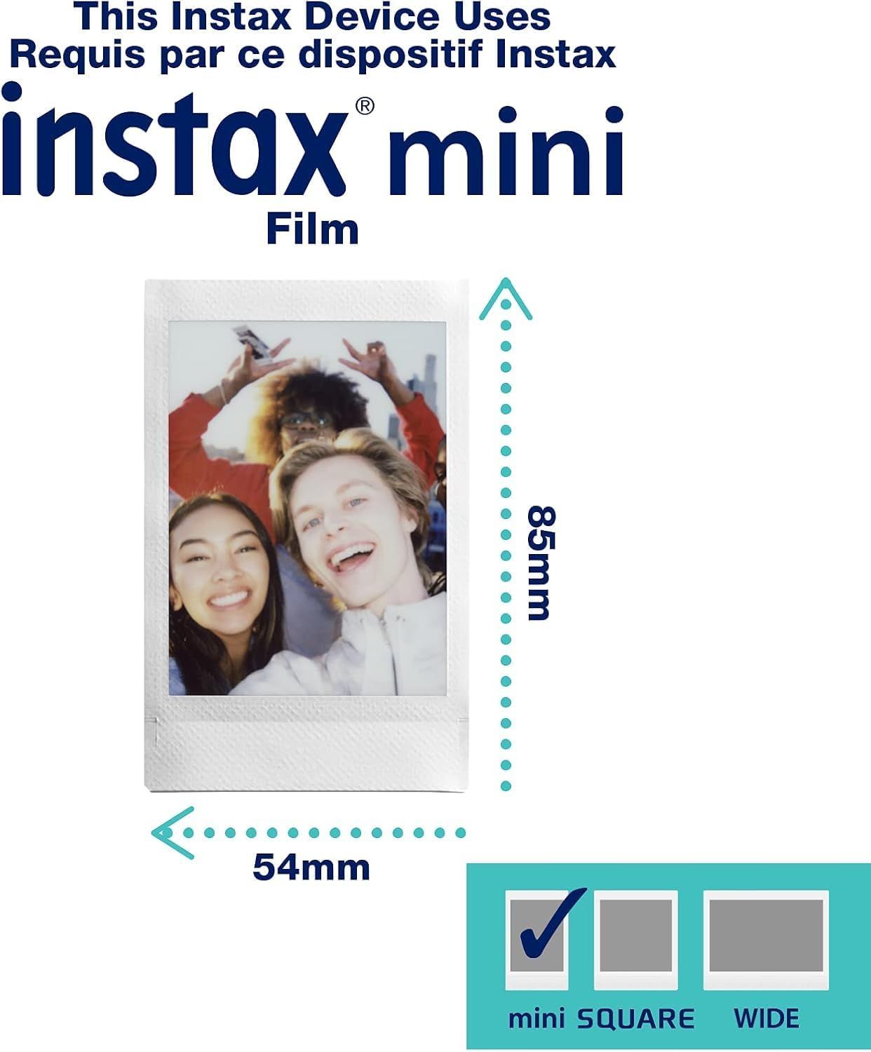 Communicates the exact physical dimensions of the Instax mini film (54mm x 85mm) to help shoppers understand the size of the prints they will receive. Shows…