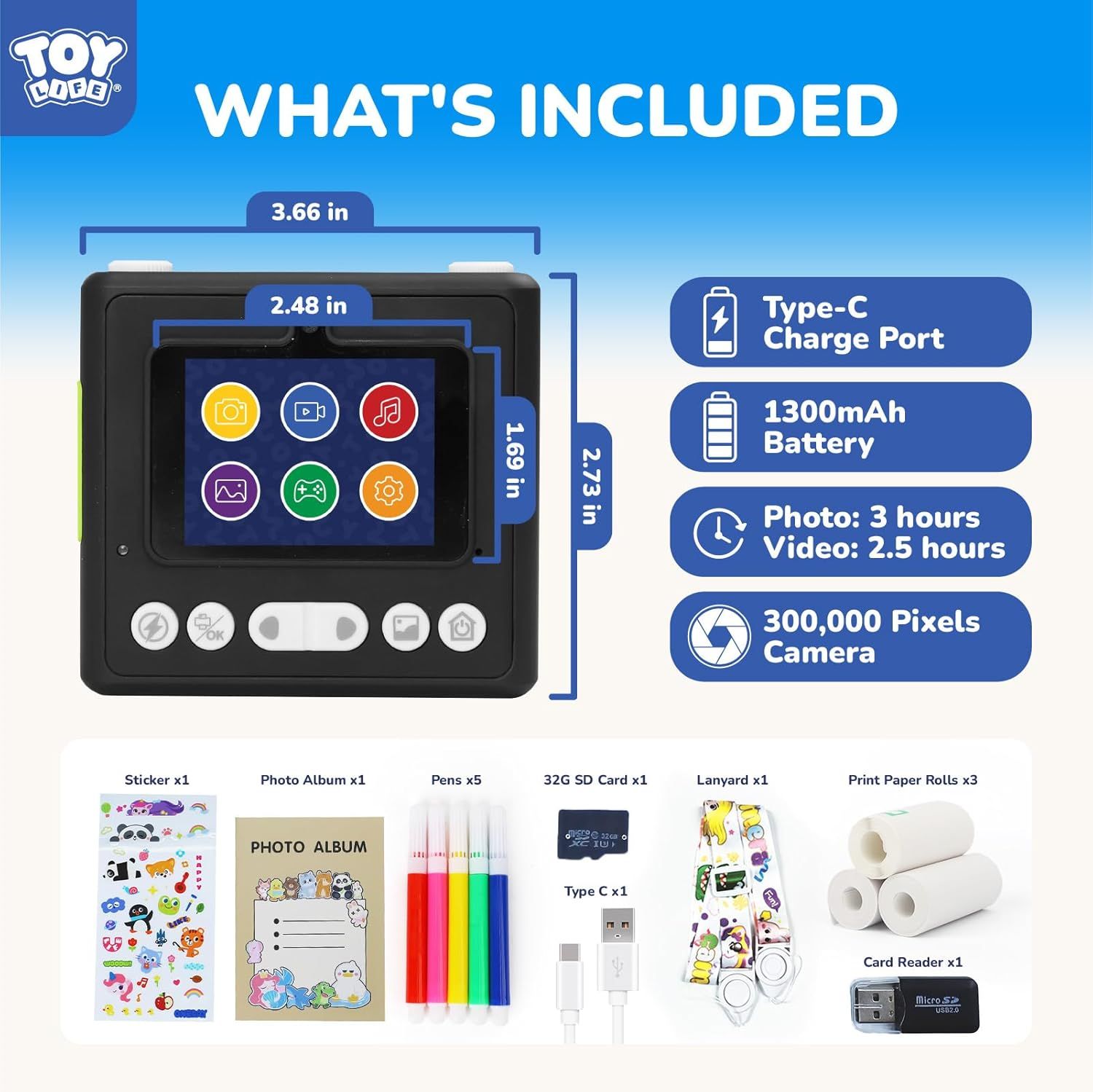 Shows everything included in the package to help shoppers understand the complete value of the bundle, including the camera device, charging cable, memory…