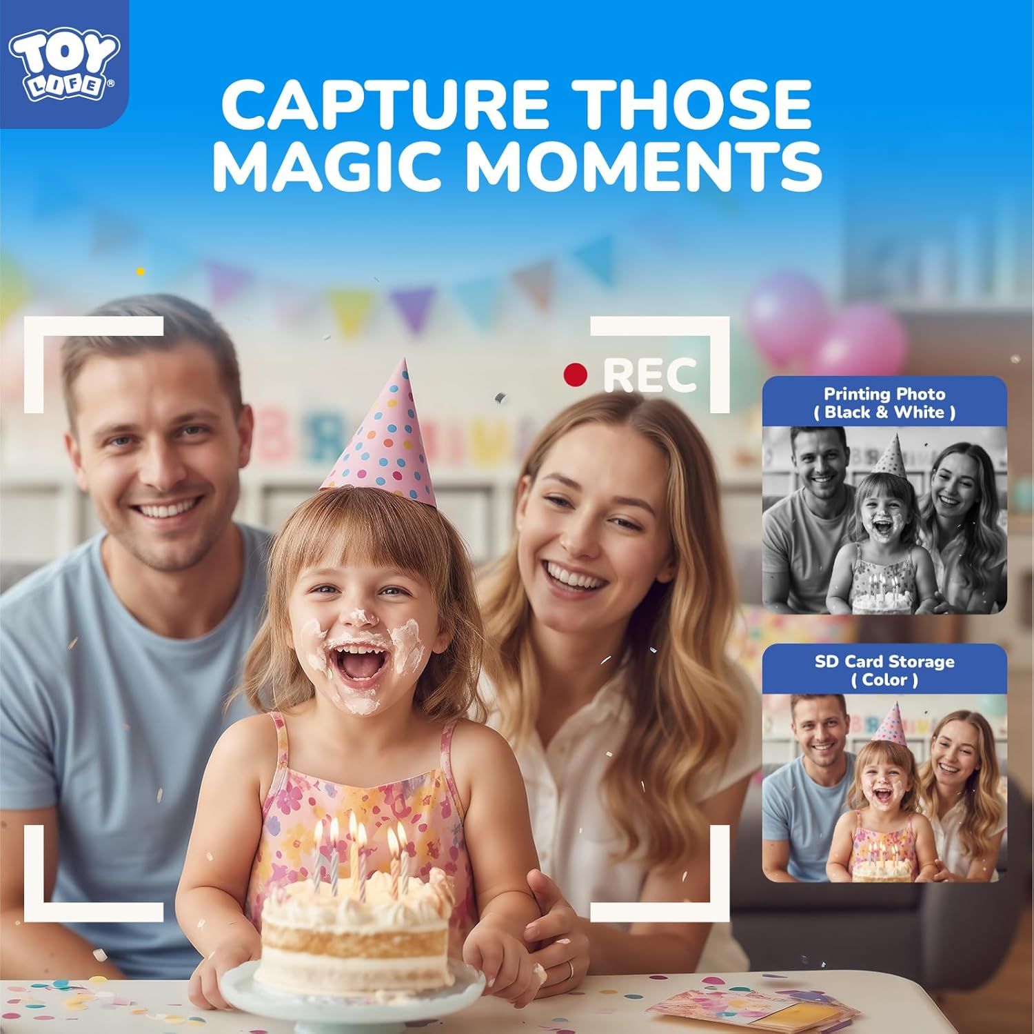 Demonstrates the product's dual capability to print photos in black and white and store color photos on an SD card, emphasizing versatility for capturing and…