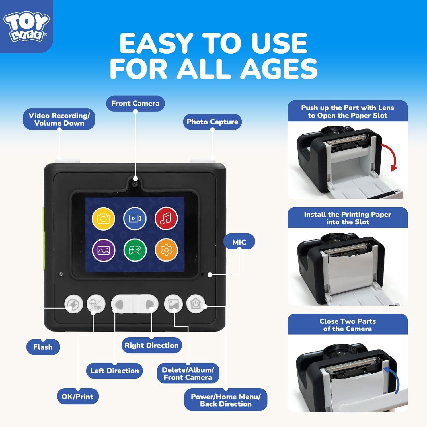 Explains how to use the toy camera by labeling all button functions and providing step-by-step instructions for loading printing paper, making it easy for…