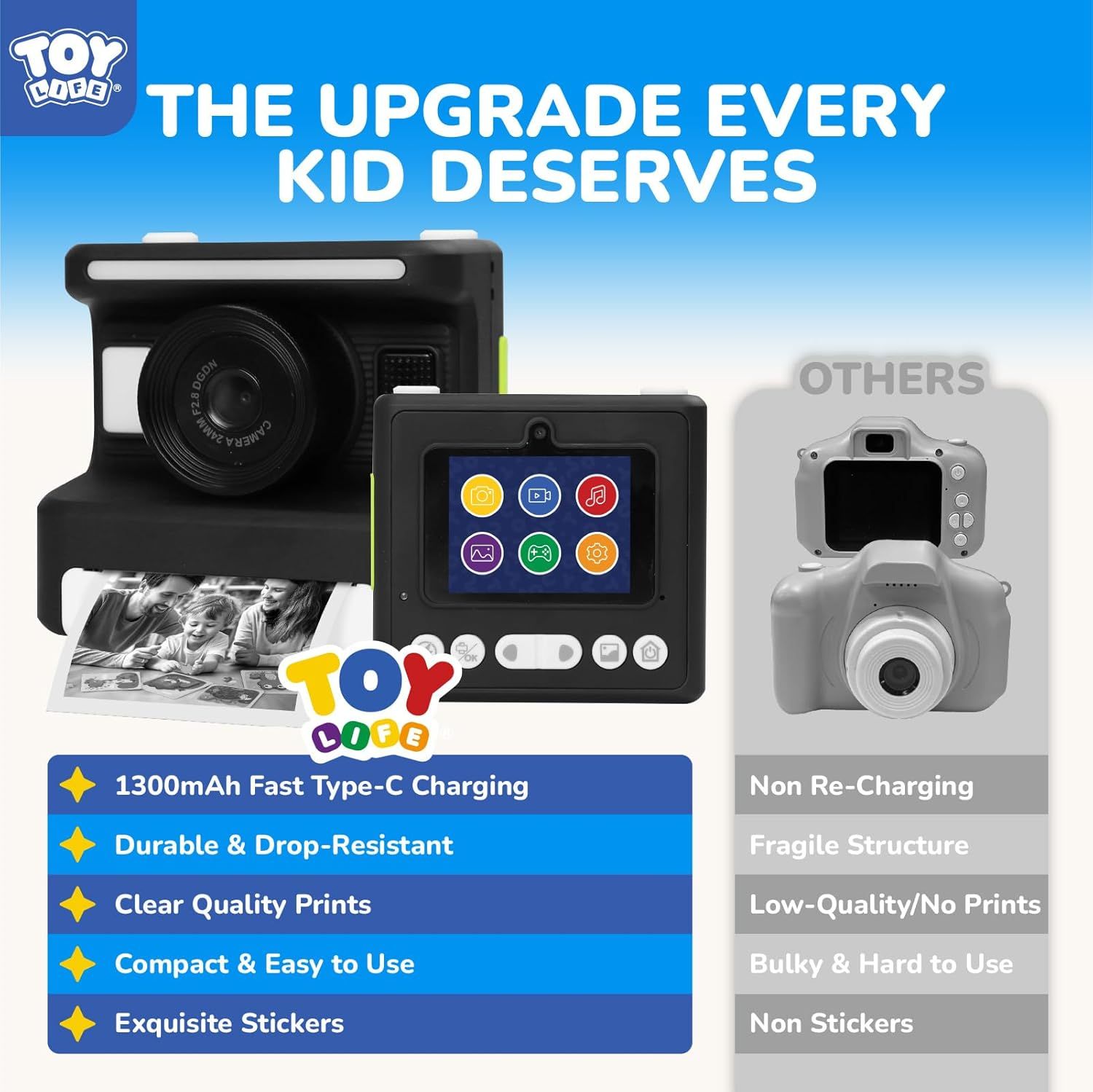 This image compares the Toy Life kids' camera against generic competitors, highlighting five key advantages (rechargeable battery, durability, print quality,…