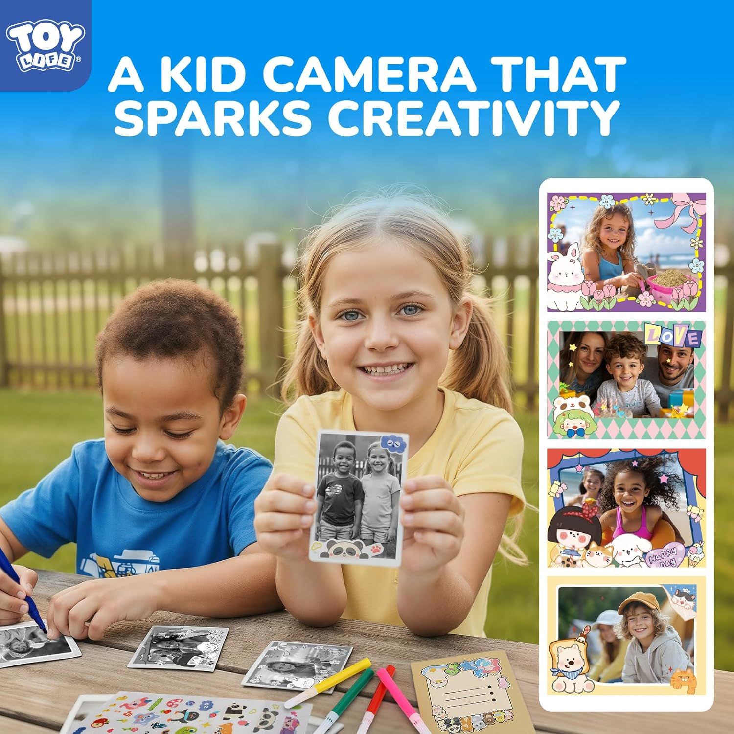 Demonstrates multiple creative use cases for the kid camera, showing how children can print photos with different decorative frames and themes to spark…
