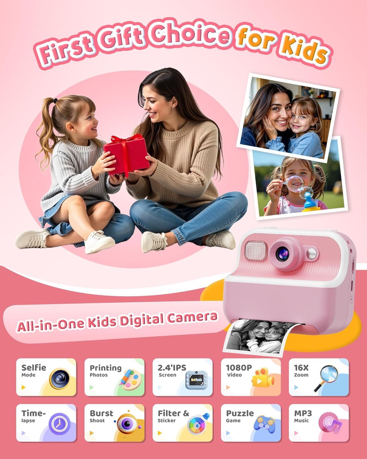 This image showcases the comprehensive feature set of a kids' digital camera, highlighting 10 distinct capabilities in a segmented grid layout to communicate…