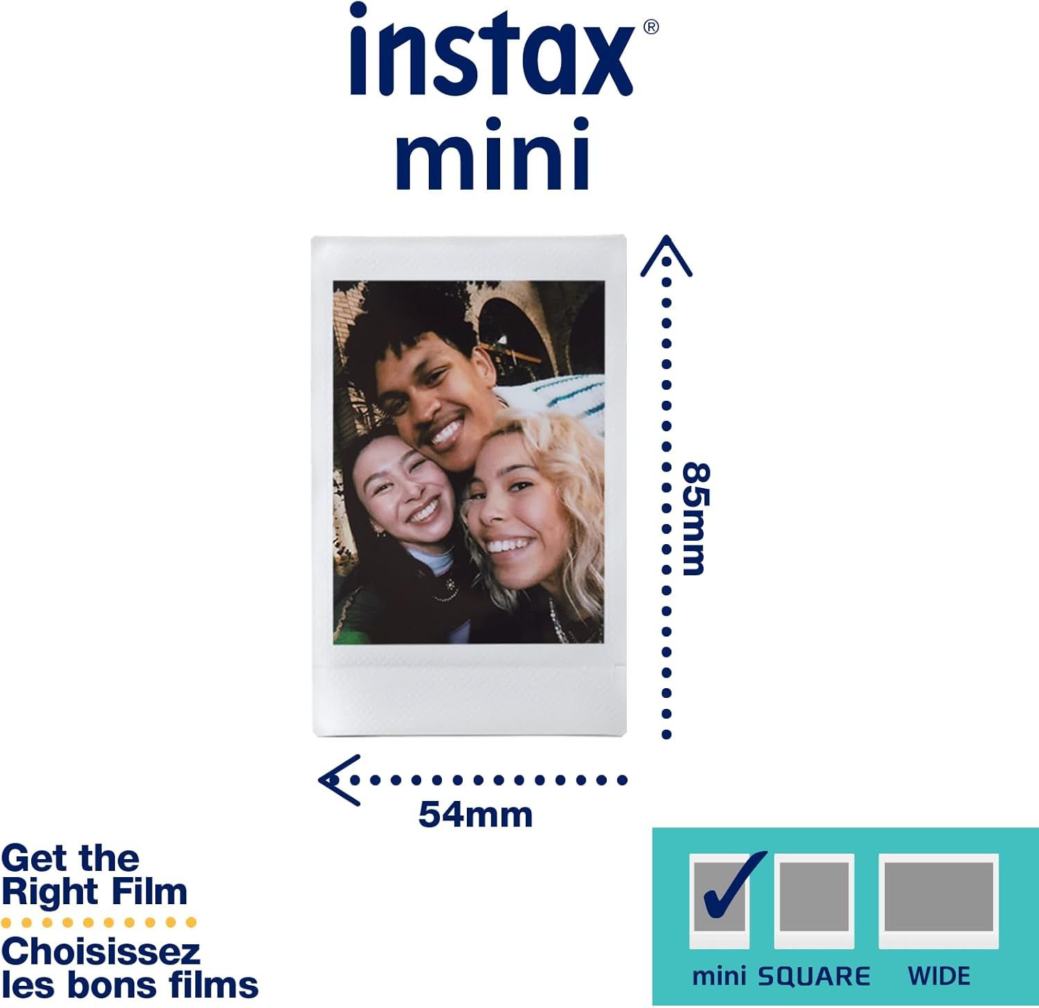 Communicates the exact physical dimensions of the Instax Mini film format (85mm x 54mm) to help shoppers understand the size of the printed photos they will receive. Helps shoppers choose the…