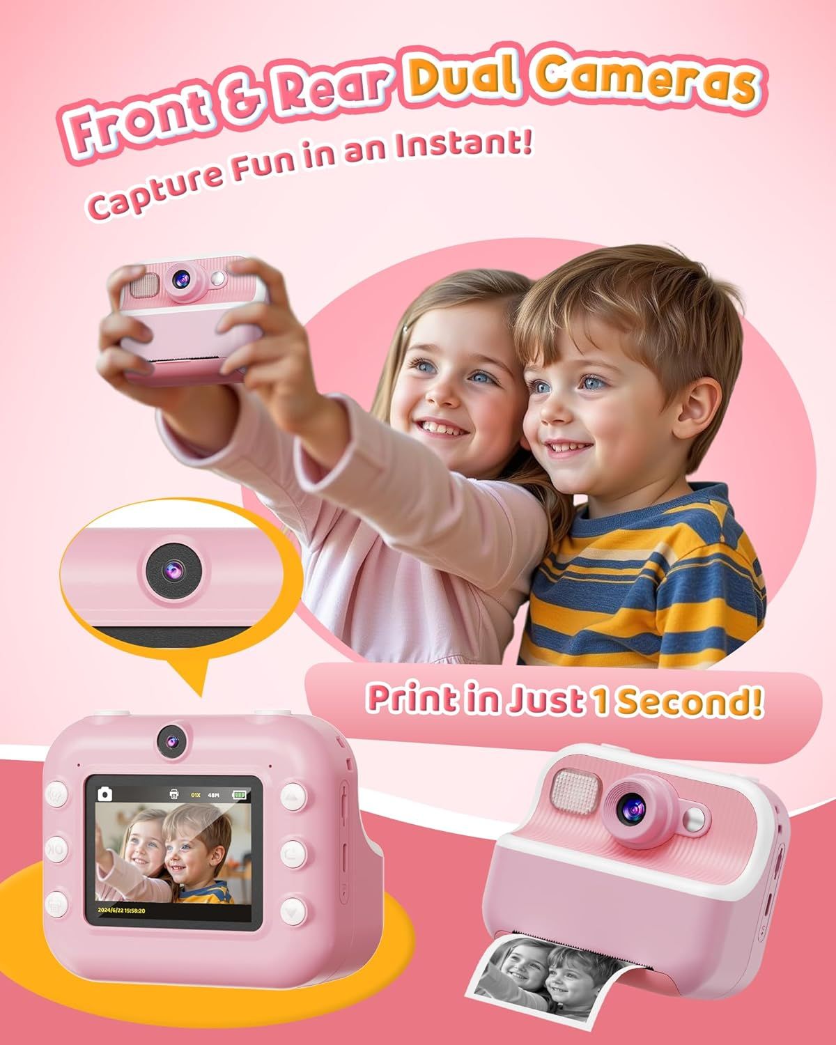Communicates multiple key features of the kids camera: dual front and rear cameras for versatile photo-taking and instant 1-second printing capability,…