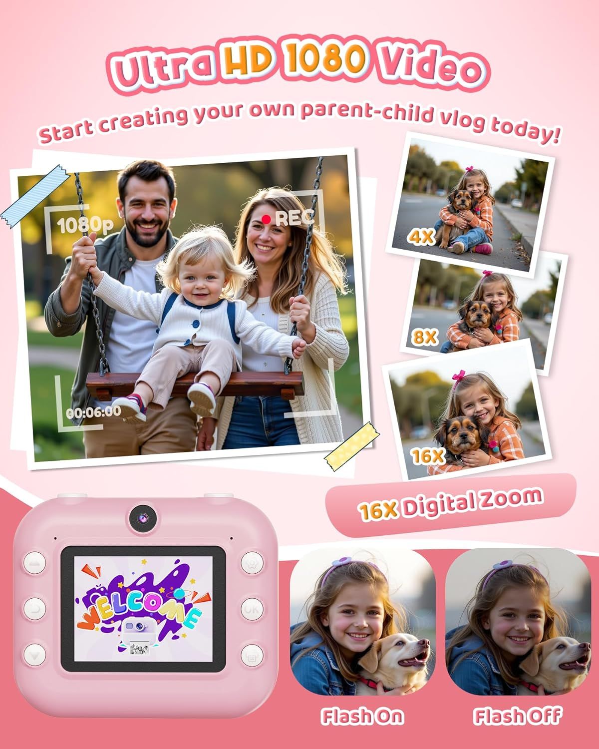 Showcases multiple key features of the kids camera including high-definition video recording, powerful digital zoom capabilities, and flash control to…