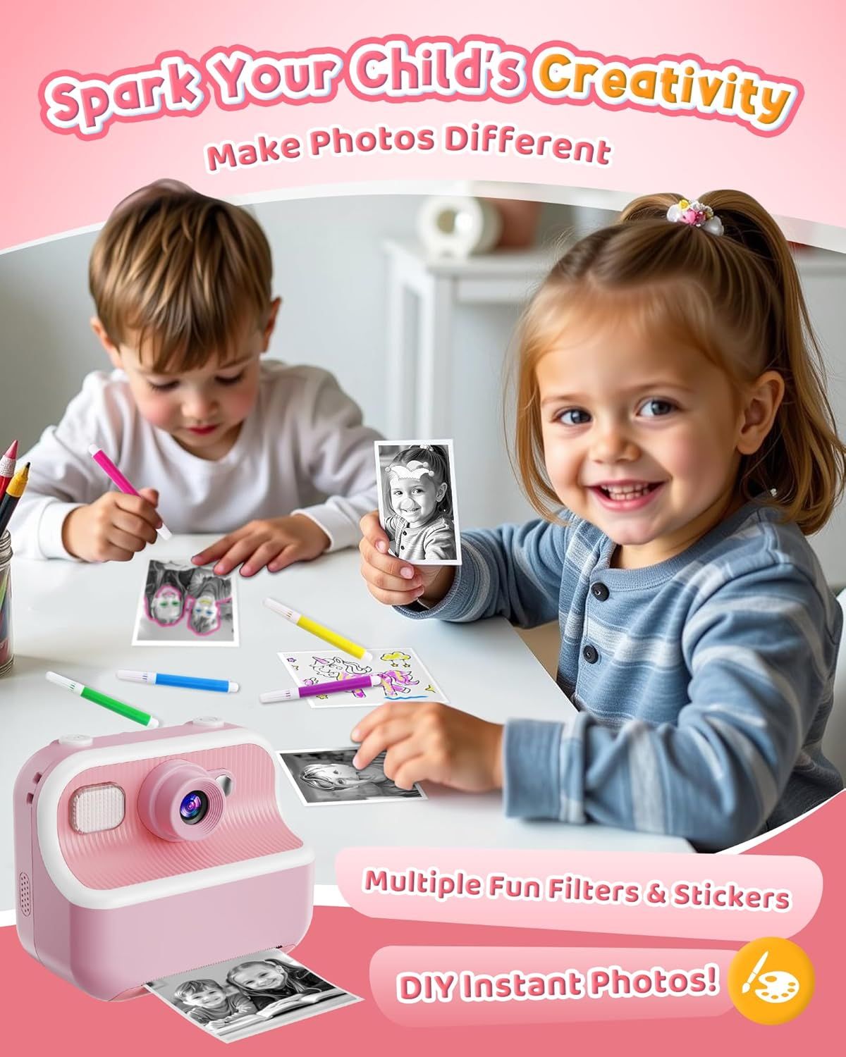 Communicates multiple benefits of the kids camera: sparking creativity, offering fun filters and stickers, and providing instant photo printing for hands-on…