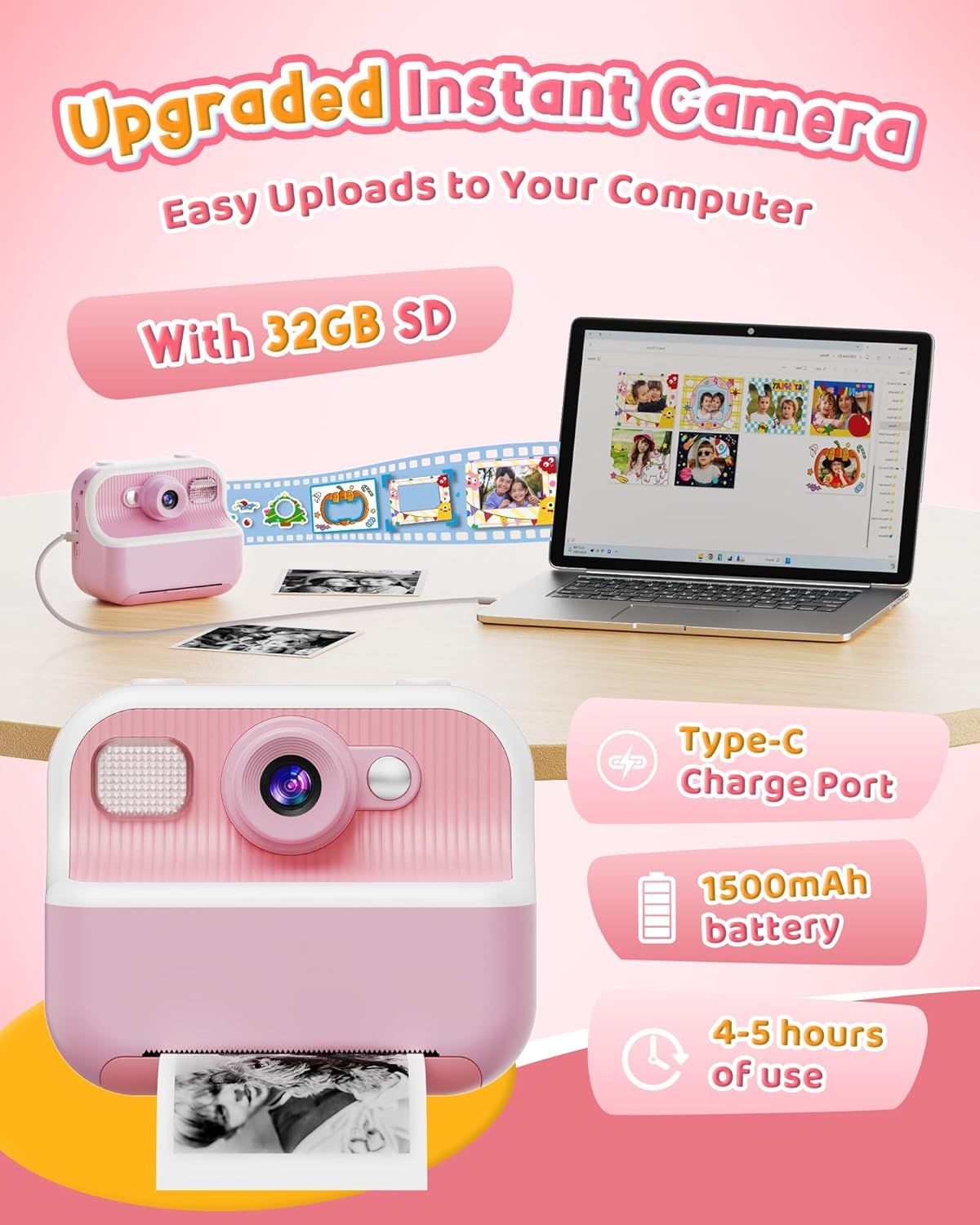 Communicates multiple technical specifications and benefits of the instant camera in a segmented layout to show parents the product's storage capacity,…