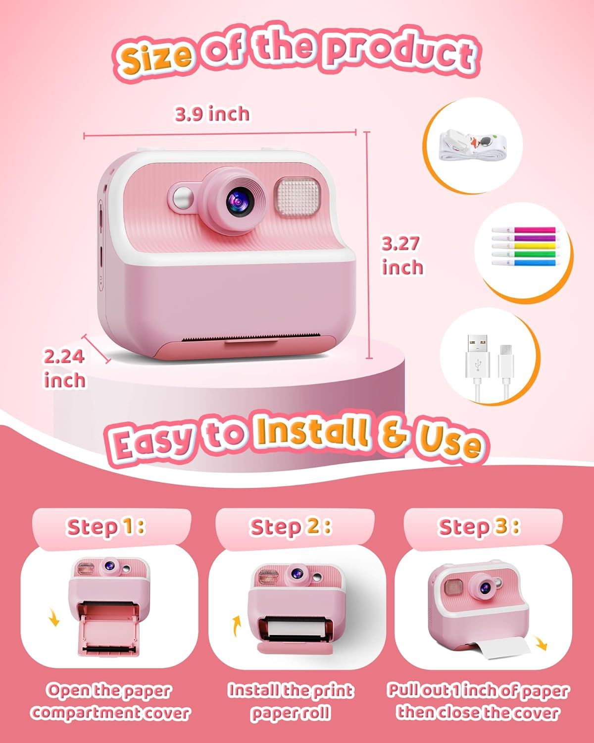 Communicates the exact physical dimensions of the product (3.9 x 3.27 x 2.24 inches) to help shoppers understand its compact size and portability. Provides…