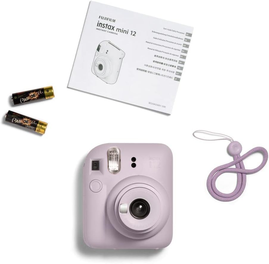 Shows everything included in the package: the Instax Mini 12 camera, instruction manual, batteries, and carrying strap, reassuring shoppers they receive a…