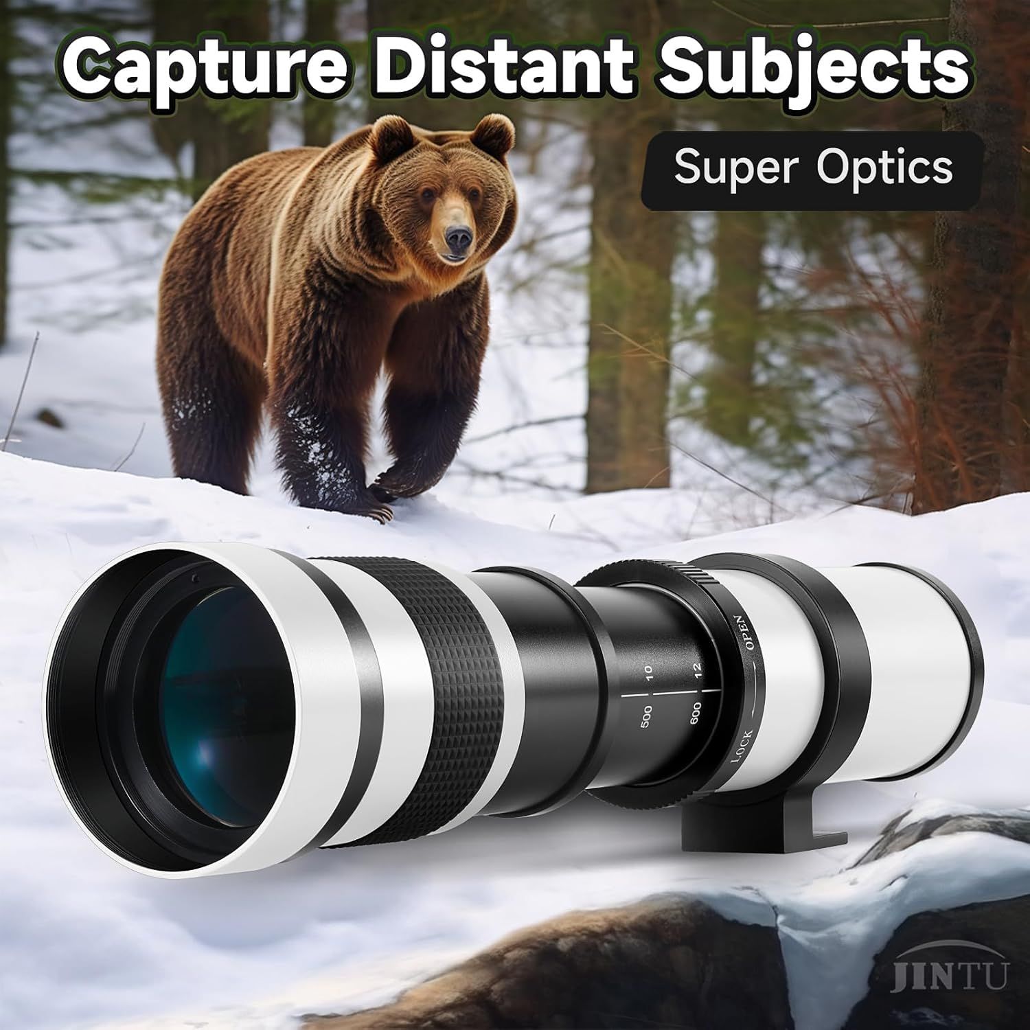 Highlights the camera lens's super optics capability to capture distant subjects clearly, demonstrating its powerful zoom and image quality for wildlife and…